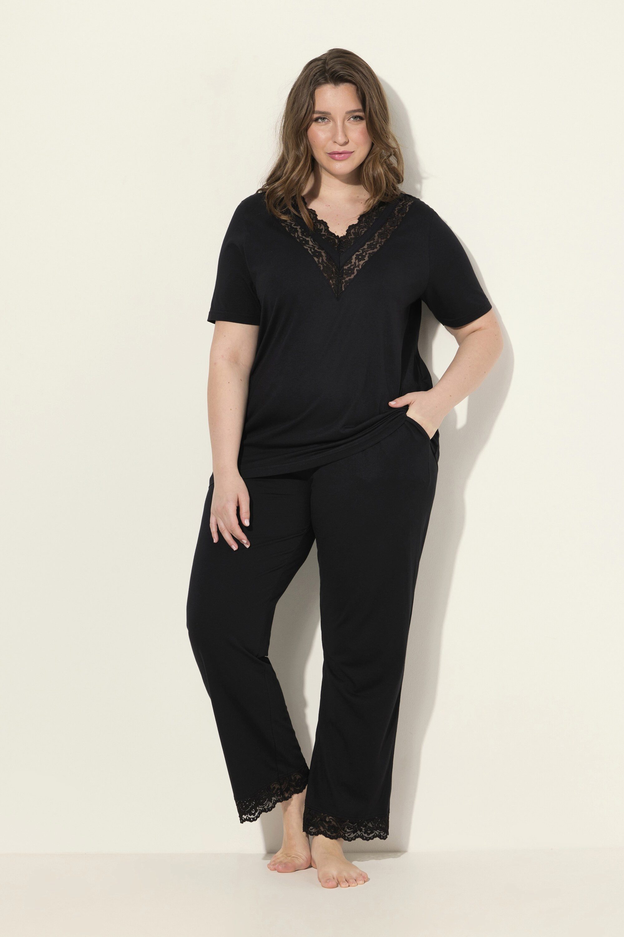 Ulla Popken Pyjama Pyjama Spitze V-Ausschnitt günstig online kaufen