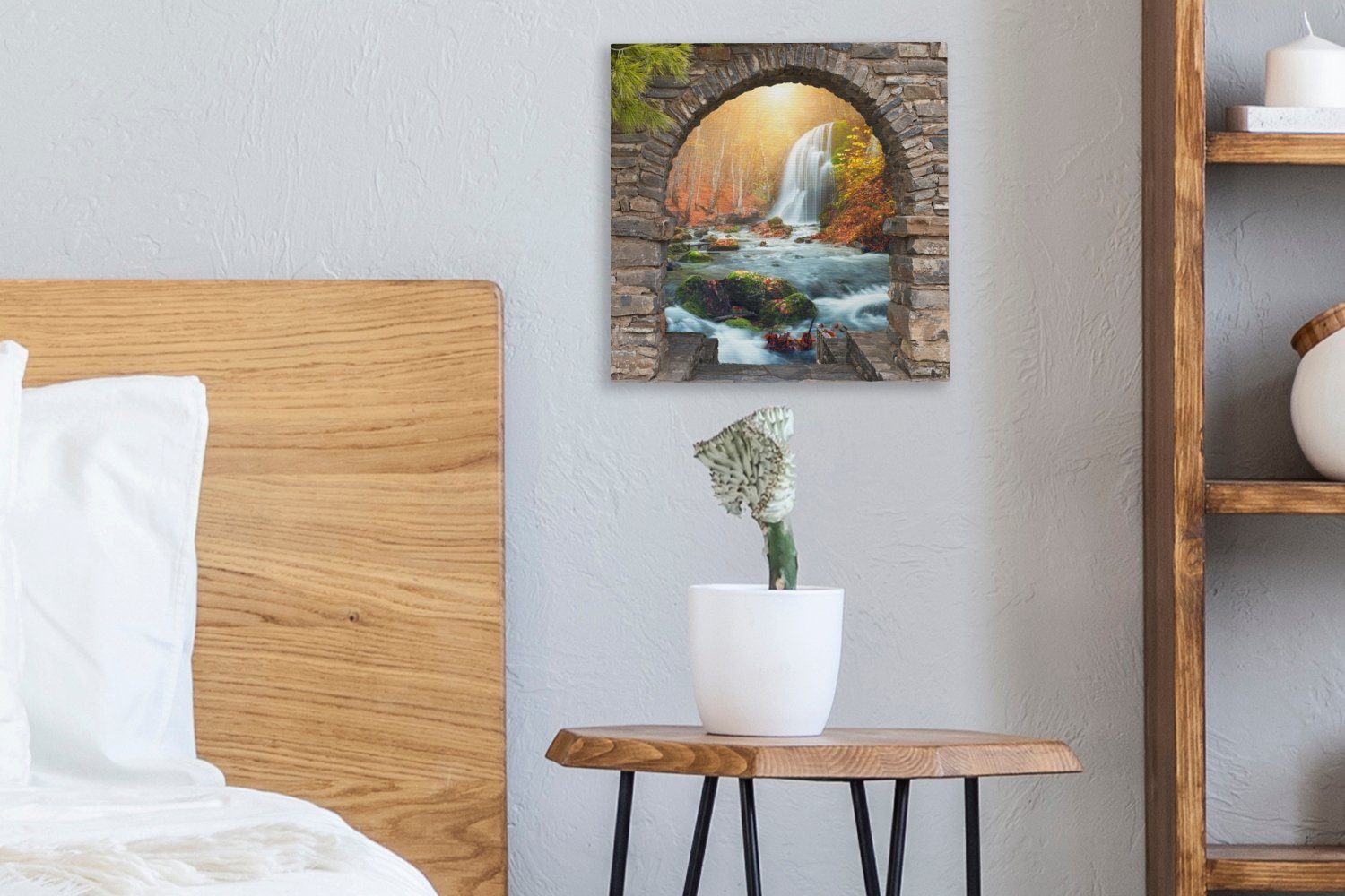 (1 Wohnzimmer Schlafzimmer - Aussicht für Landschaft, Leinwandbild Bilder St), OneMillionCanvasses® Herbst Leinwand - Wasserfall -