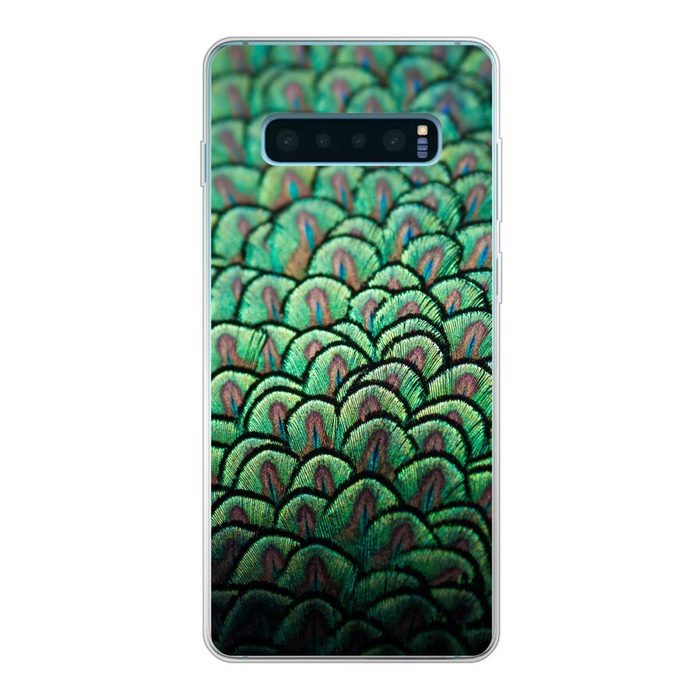 MuchoWow Handyhülle Nahaufnahme des Gefieders eines Pfaus Phone Case Handyhülle Samsung Galaxy S10 Lite Silikon Schutzhülle