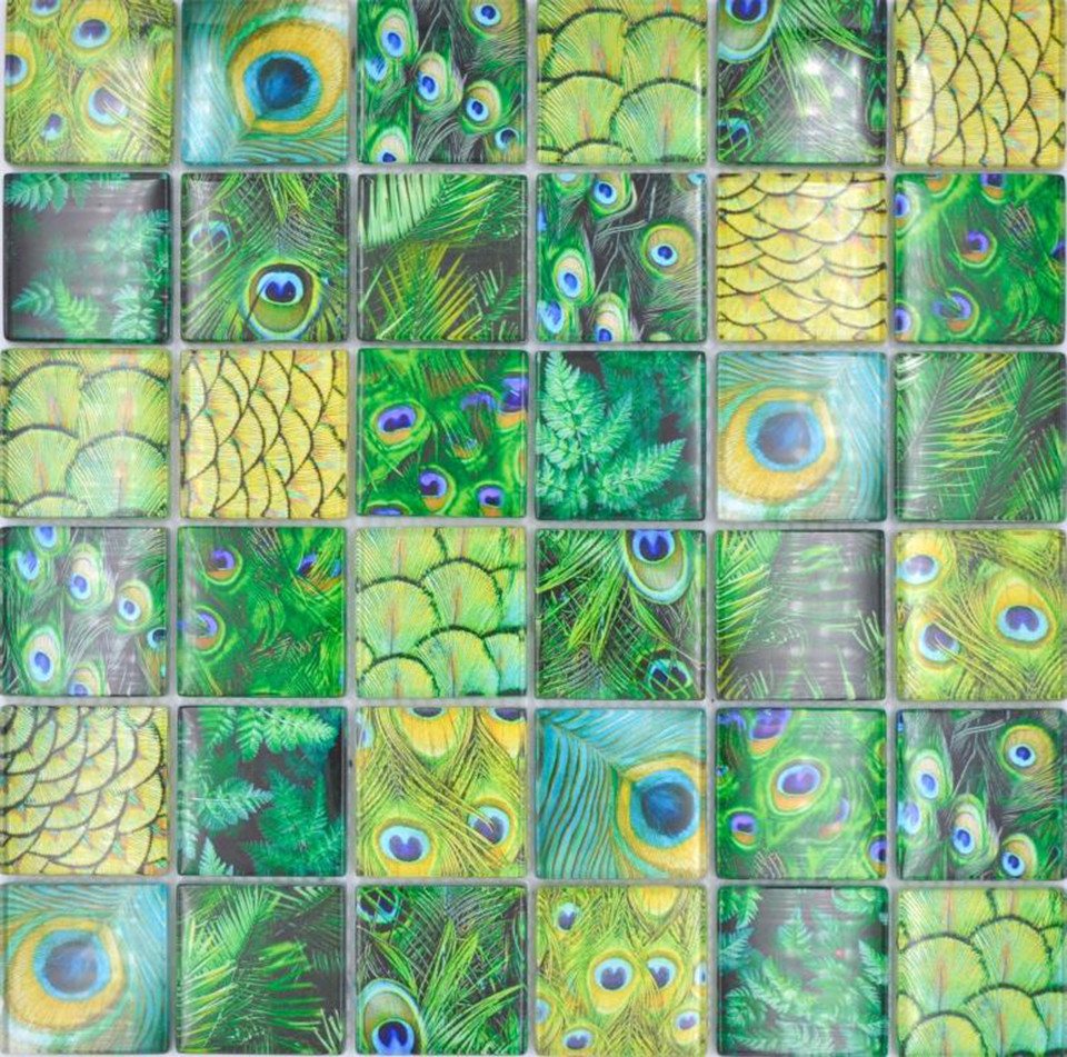 Thumbnail - Mosani Mosaikfliesen Mosaikfliese Glasmosaik Pfau Kiwi gelb grün