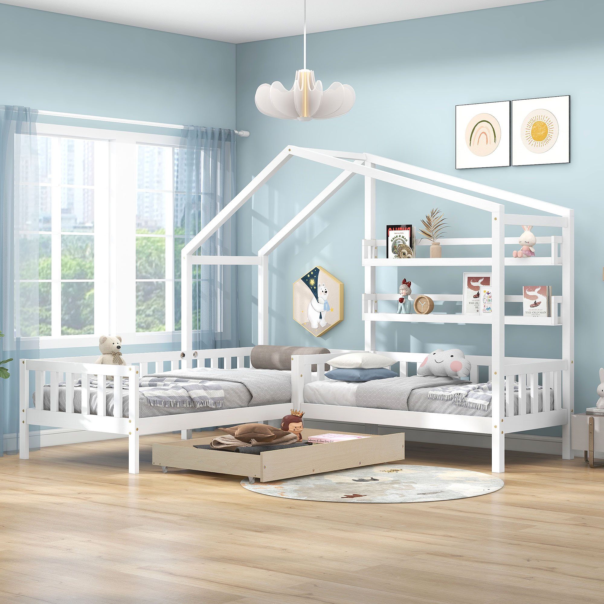 REDOM Bett Hausbett, Kinderbett 90x200 cm (mit Zaun und Lattenrost, L-Struktur), Ohne Matratze Weiß