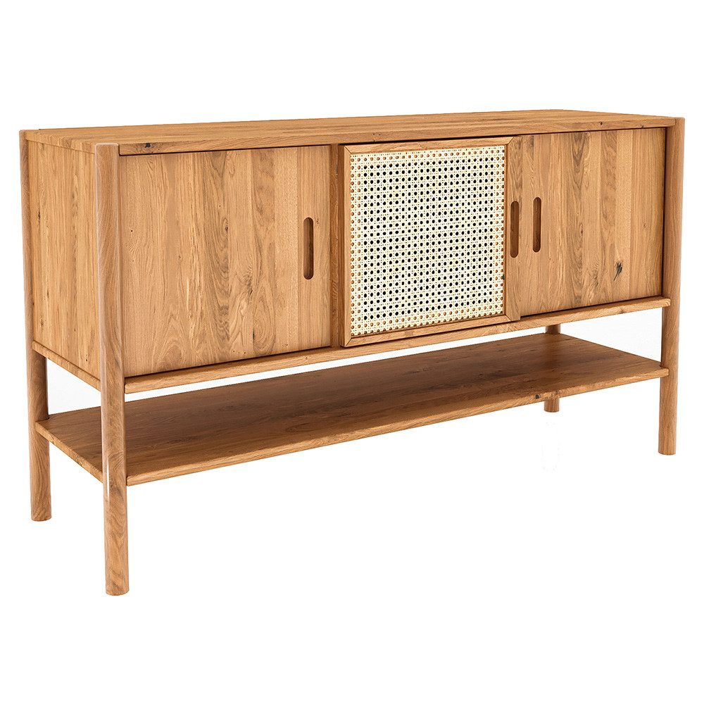 Lomadox Sideboard PORI-165, Eiche massiv geölt, 142 cm breit, Rattangeflecht, montierte Lieferung