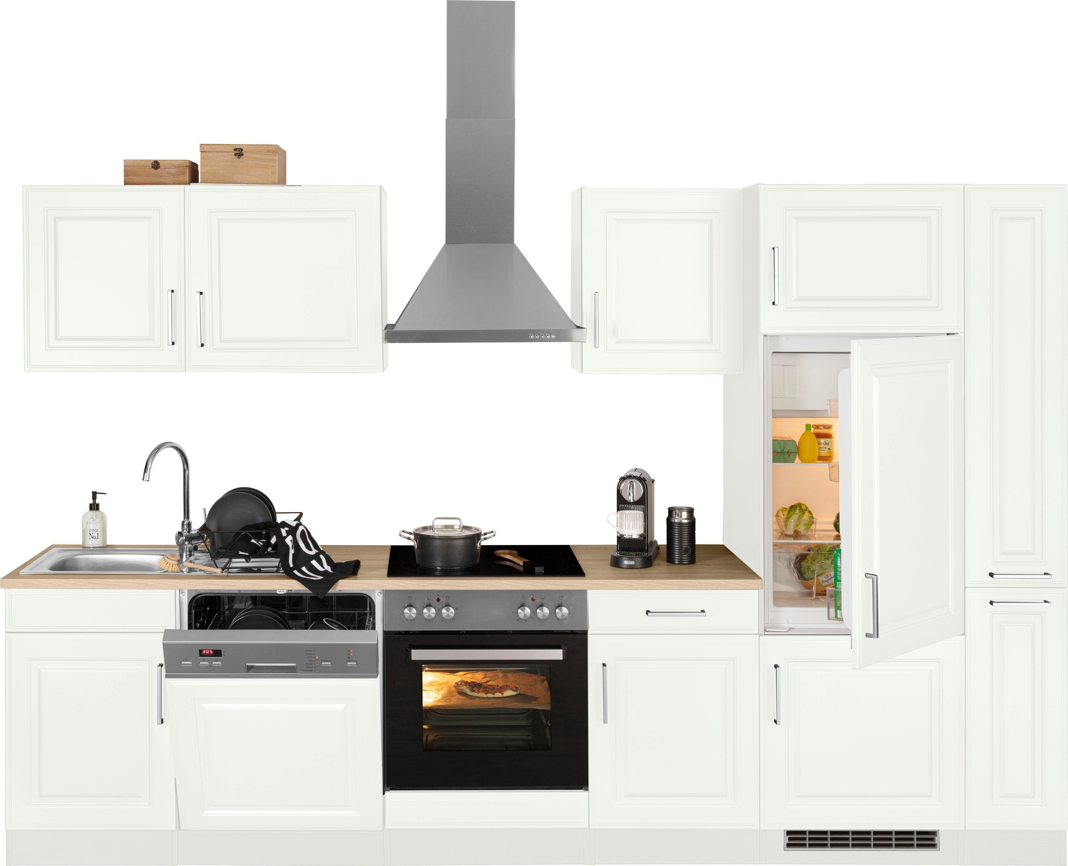 KOCHSTATION Küchenzeile KS-Stockholm – Küche mit hochwertiger und detailreicher Landhausfront, Breite 310 cm, wahlweise mit E-Geräten,mit MDF-Fronten