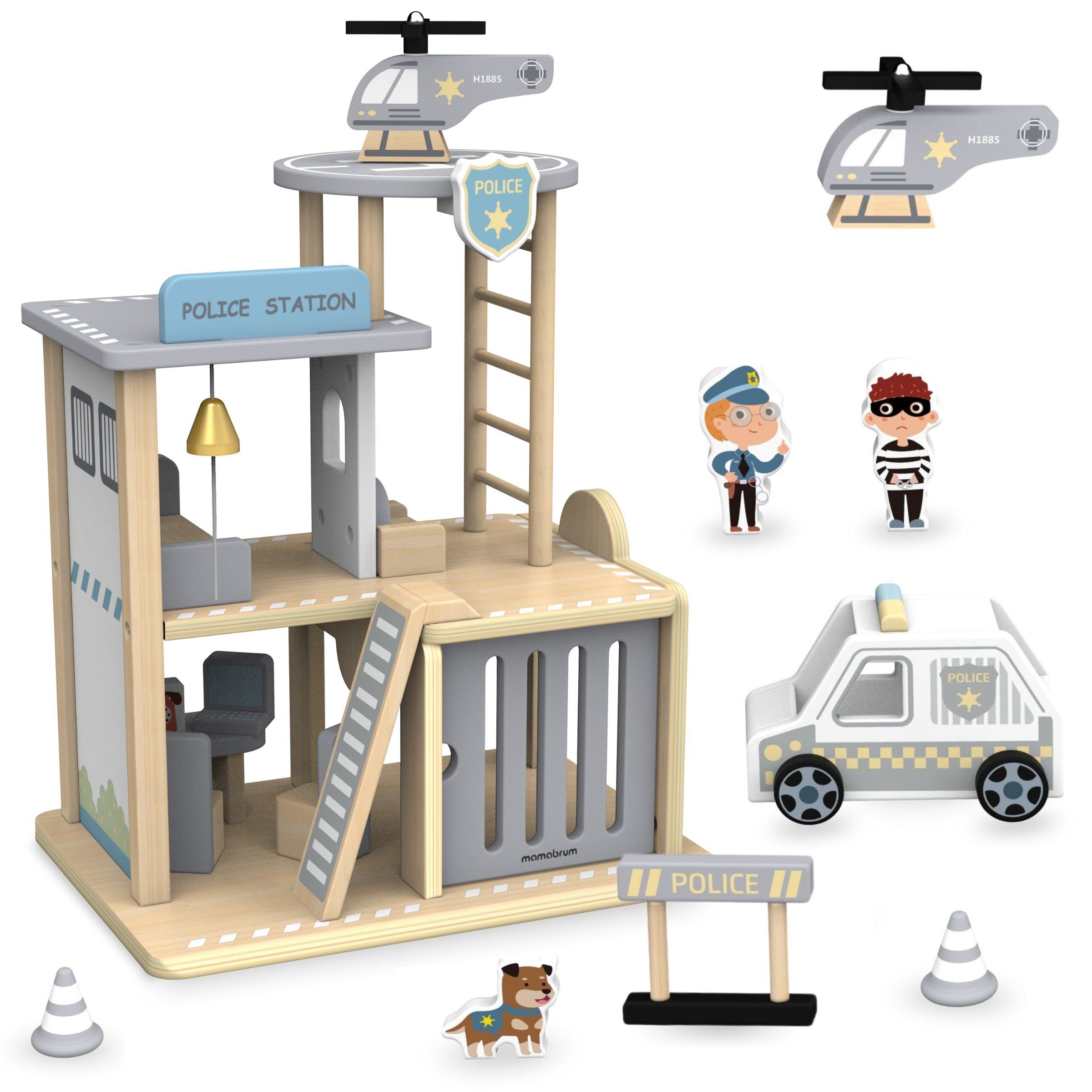 Mamabrum Spielzeug-Polizei Einsatzset Polizeistation aus Holz mit Zubehör - Kreatives Spiel für Kinder