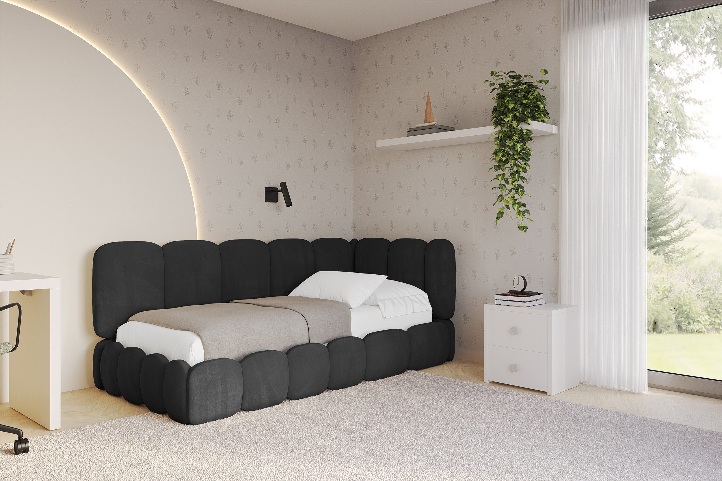 ALTDECOR Jugendbett AVRY (Jugendbett mit Bettkasten und Lattenrost, Polsterbett ohne Matratze), Einzelbett mit Stauraum, Bett mit Kopfteil