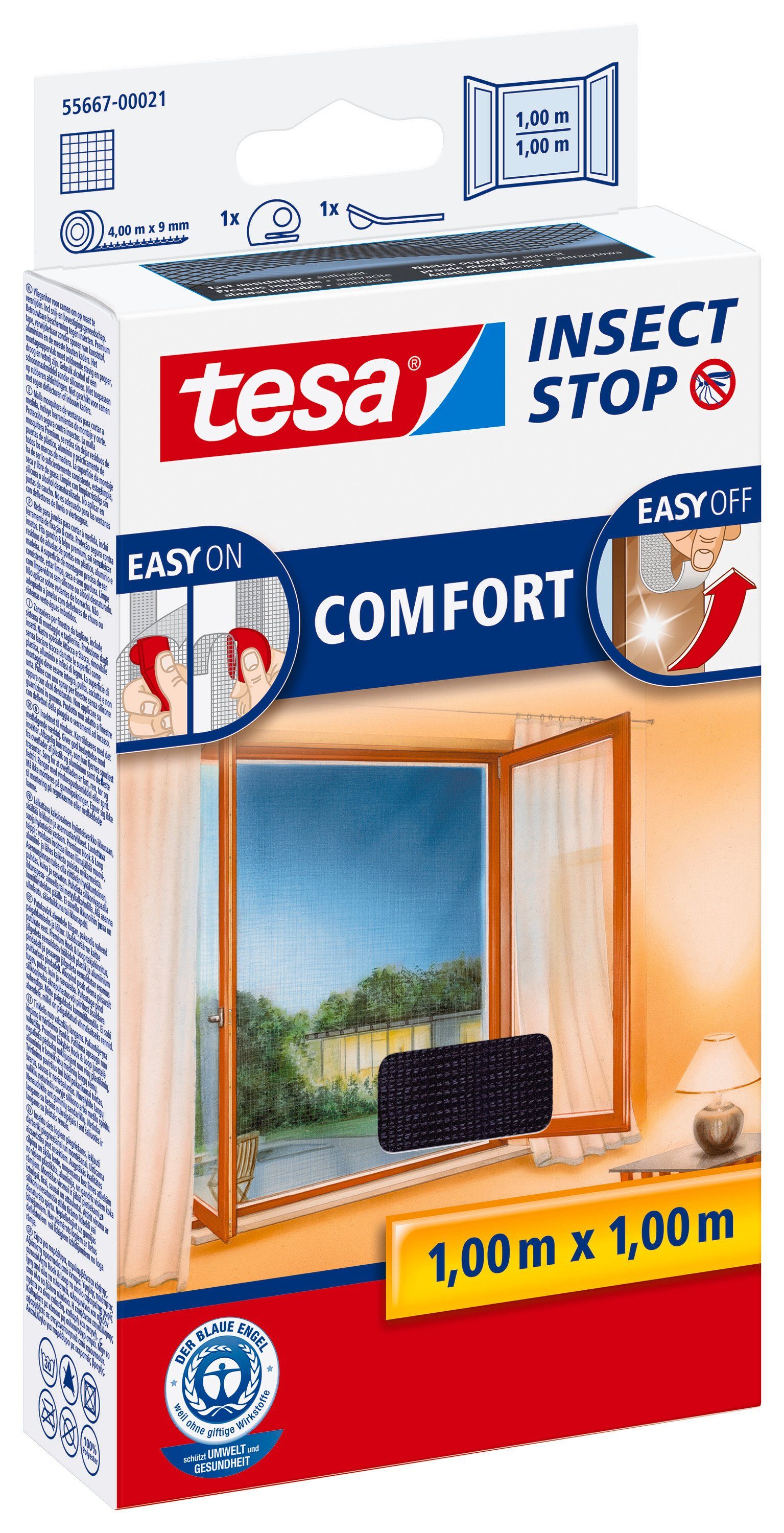 tesa Fliegengitter-Gewebe Insect Stop Comfort Fliegengitter für Fenster, (Packung, 1-St., Fliegennetz, Klettband), Insektenschutzgitter - Fliegenetz ohne Bohren -zuschneidbar -anthrazit