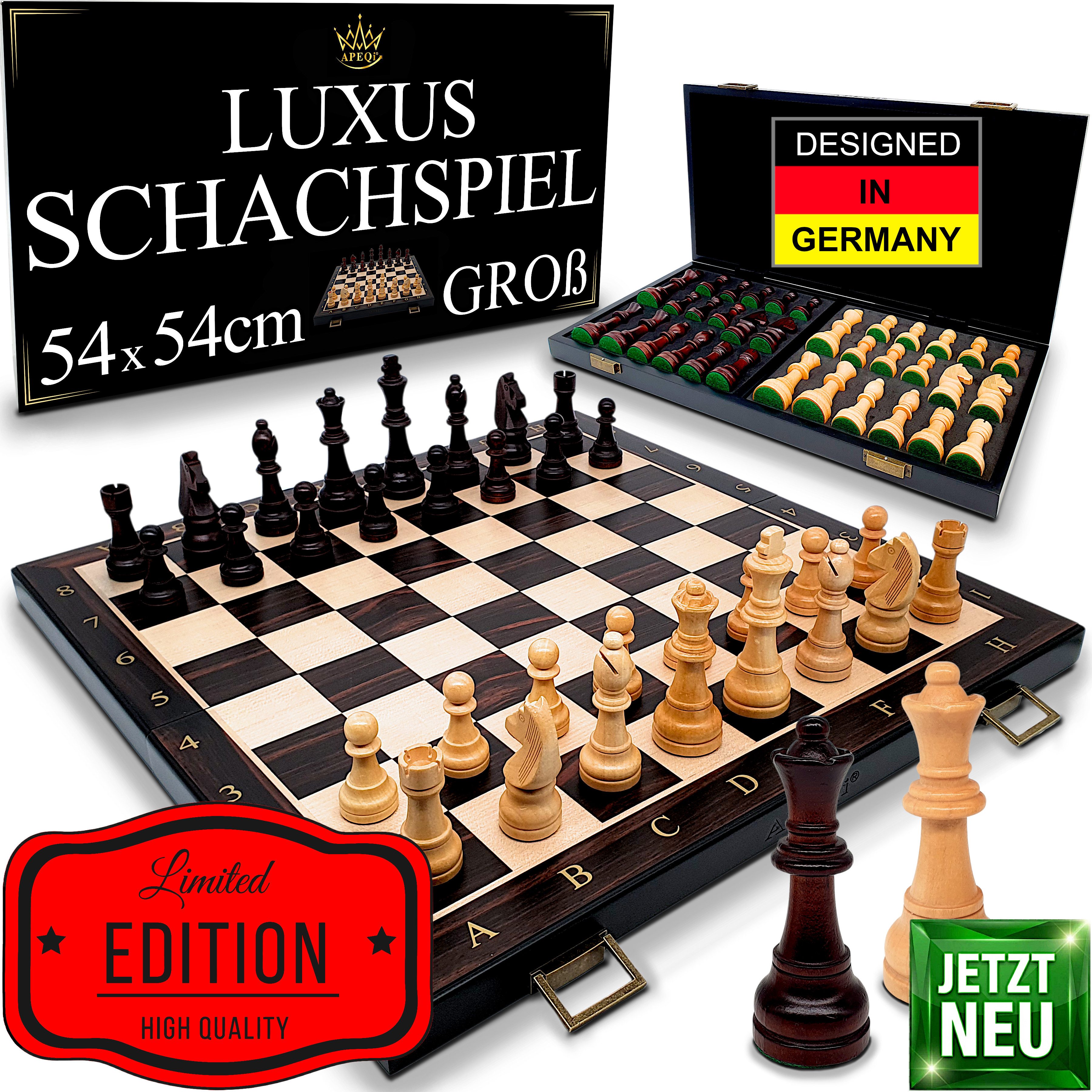 APEQi Spiel PREMIUM Schach - Schachspiel Holz hochwertig - Schachbrett mit Figuren, Massivholz, 2 EXTRA-Damen, Geschenkidee, klappbar, 34 Schachfiguren