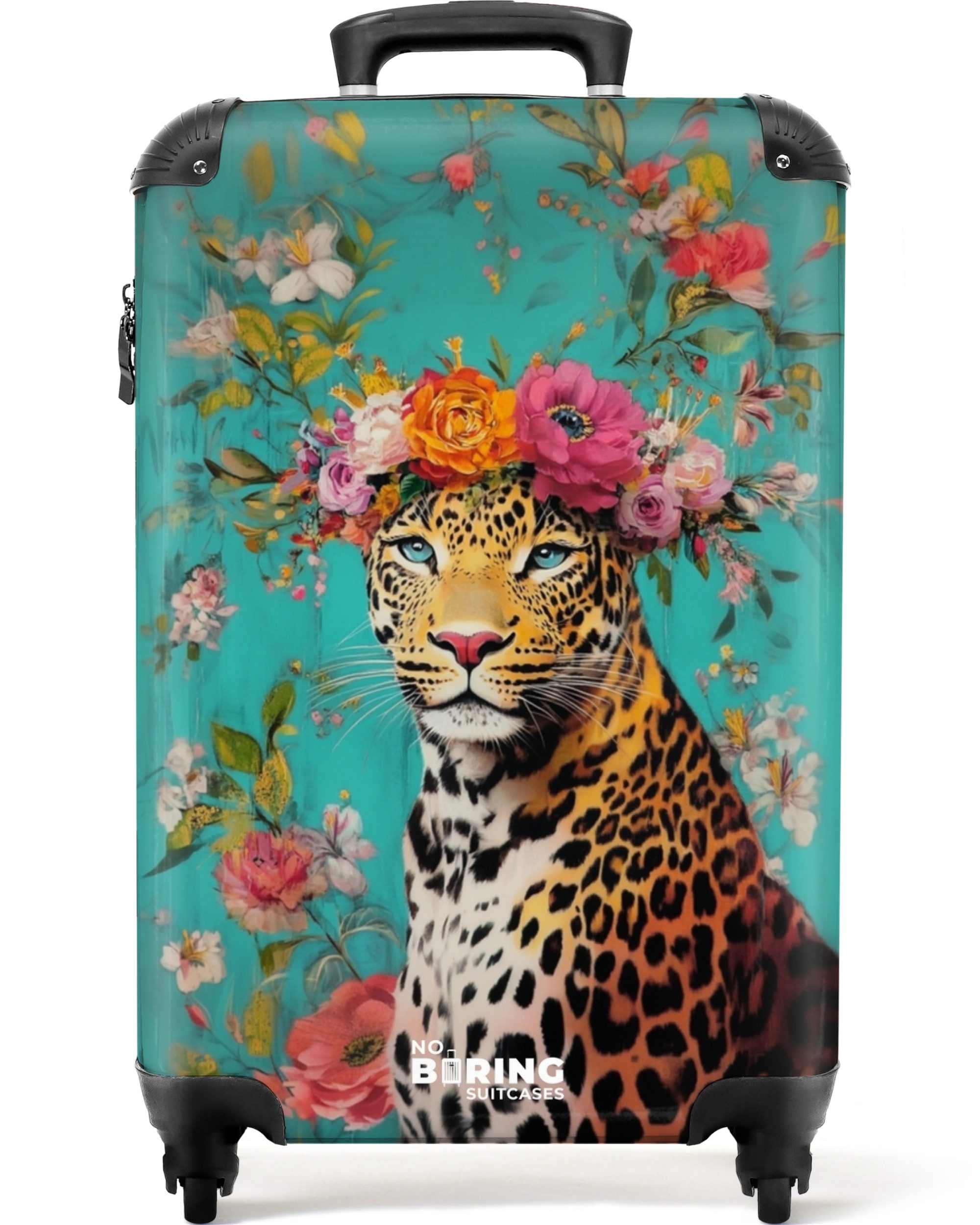 NoBoringSuitcases.com© Hartschalen-Trolley Leopard mit Blumenkrone auf günstig online kaufen