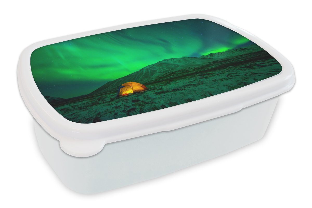 MuchoWow Lunchbox Nordlichter - Zelt und und für Erwachsene, weiß Brotbox Brotdose, Mädchen - (2-tlg), Kunststoff, für Jungs Berg, Kinder