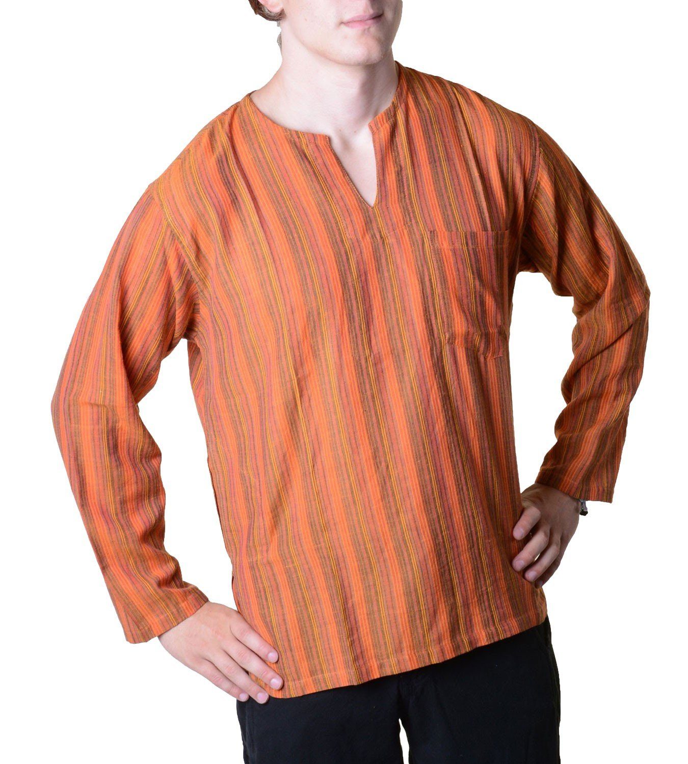 Herren Hemden KUNST UND MAGIE Langarmhemd Fischerhemd Kurtha Gestreift Überzieher Hemd Poncho Mittelalter Nepal