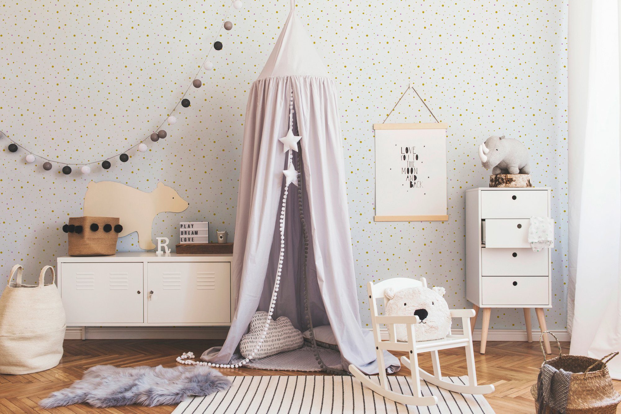 weiß/braun/rosa living Kinderzimmer Little Vliestapete gepunktet, Metallic A.S. Stars, glatt, Tapete walls Création Punkte