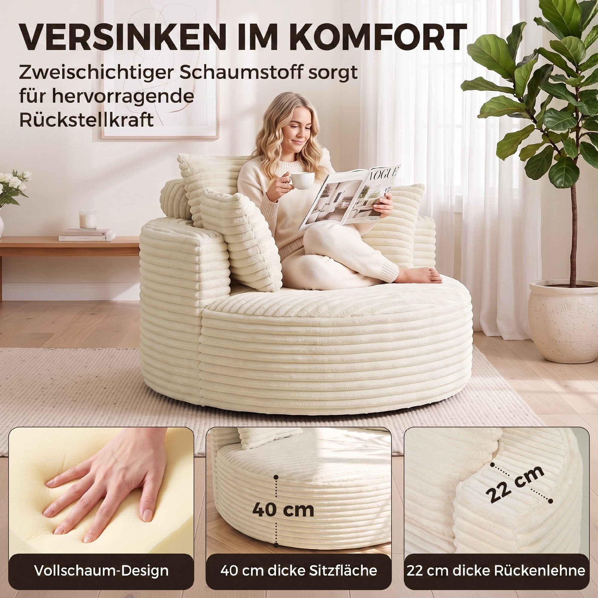 HOMCOM Sessel Rahmenloser Relaxsessel aus Cord-Optik (Set, 1-St., 1), Extra tiefer Sitz, Vollschaumstoff, Kissen-Set – Bild 5 von 5