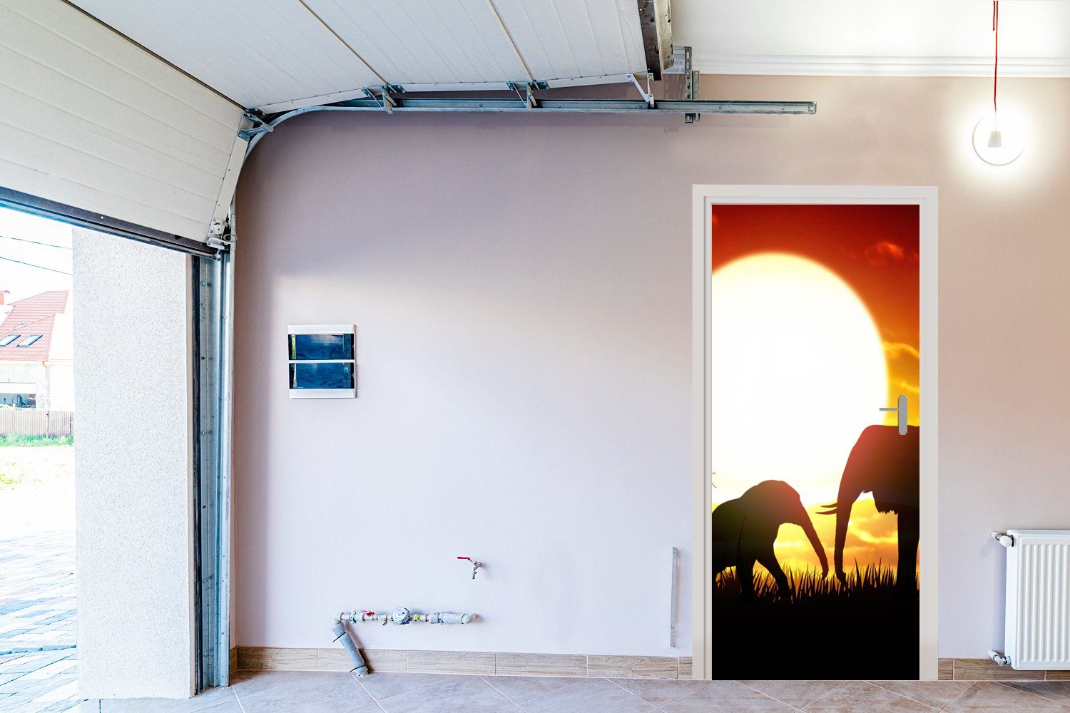 MuchoWow Türtapete Eine cm für bedruckt, (1 St), Fototapete Türaufkleber, Illustration Tür, Sonnenuntergang, bei von Matt, Elefanten 75x205