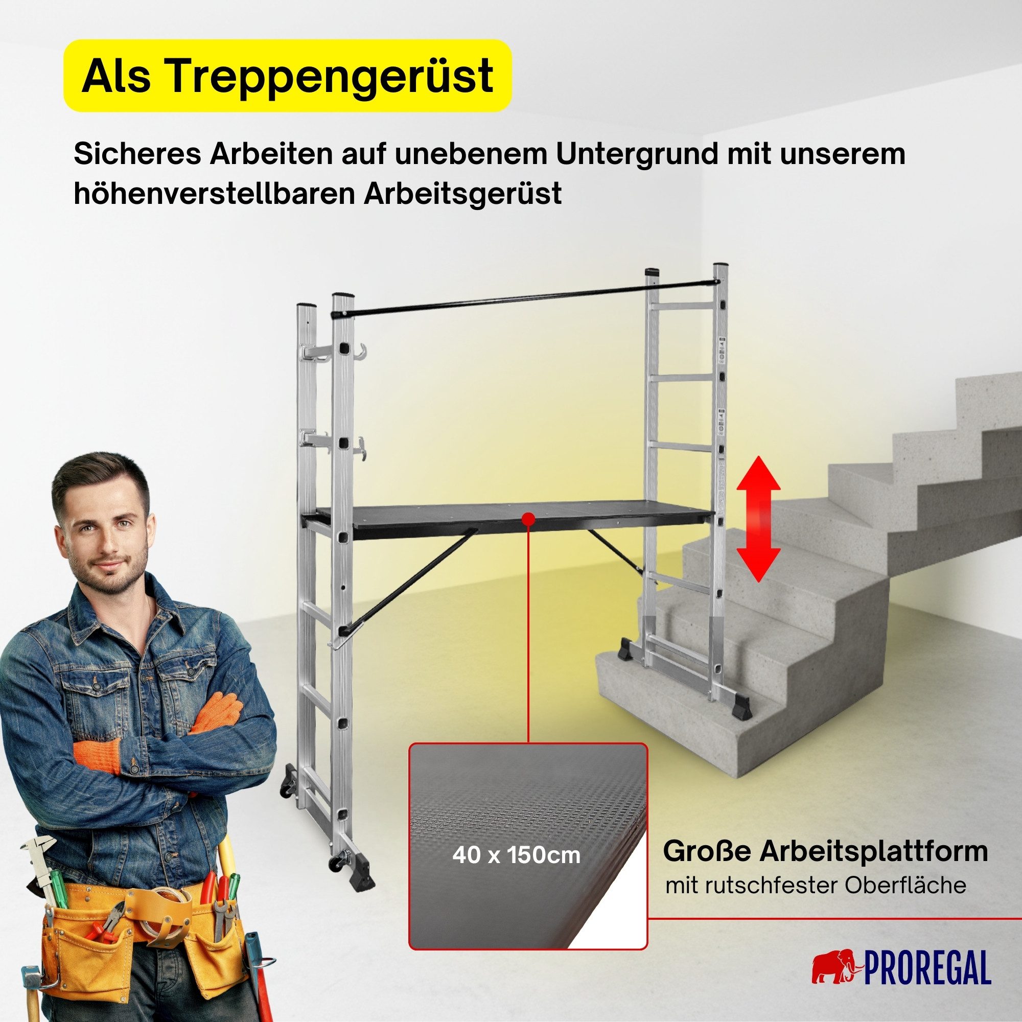 PROREGAL® Arbeitsgerüst MULTISTEP 3-in-1 Aluminiumleiter Stehleiter 2x6 Sprossen Tragl. 150kg, Stabile Sprossenleiter Anlegeleiter Mehrzweckleiter 150kg Traglas – Bild 5 von 5
