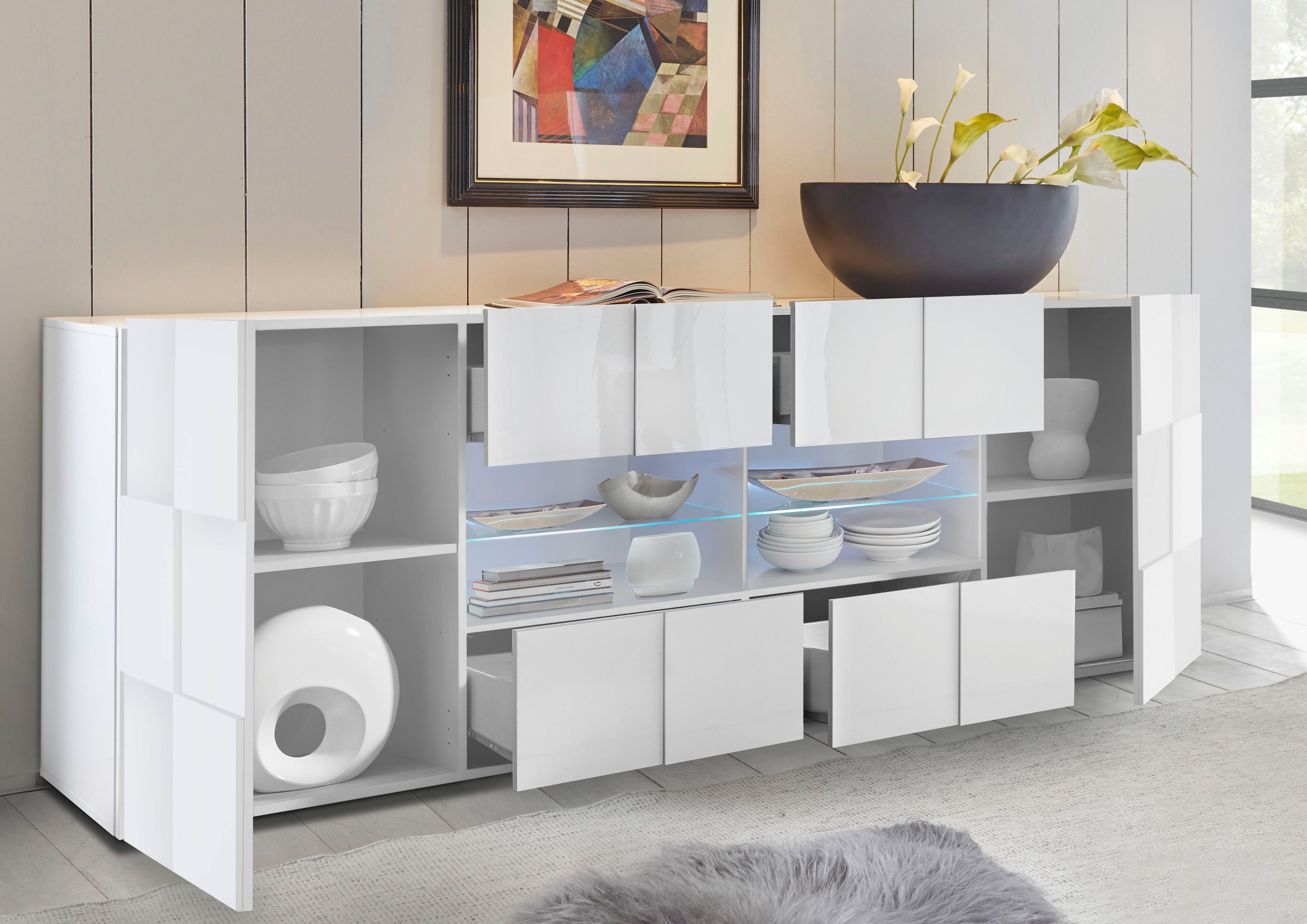 Home affaire Sideboard Dama Breite 241, Kommode 2 Türen u. 4 Schubkästen, Anrichte, Front in 3D-Optik, viel Stauraum, verschiedene Farben