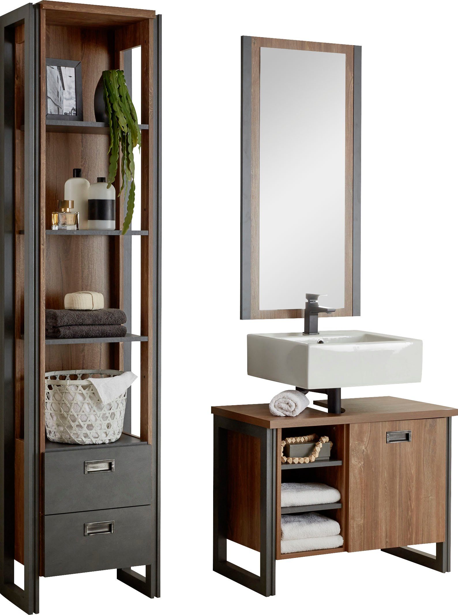 Home affaire Badmöbel-Set Detroit, Bad im Industrialdesign, 3-teiliges Badezimmer, (Set, 3-St), Unterschrank, Regal & Spiegel, holzfarben, offene Fächer & Stauraum