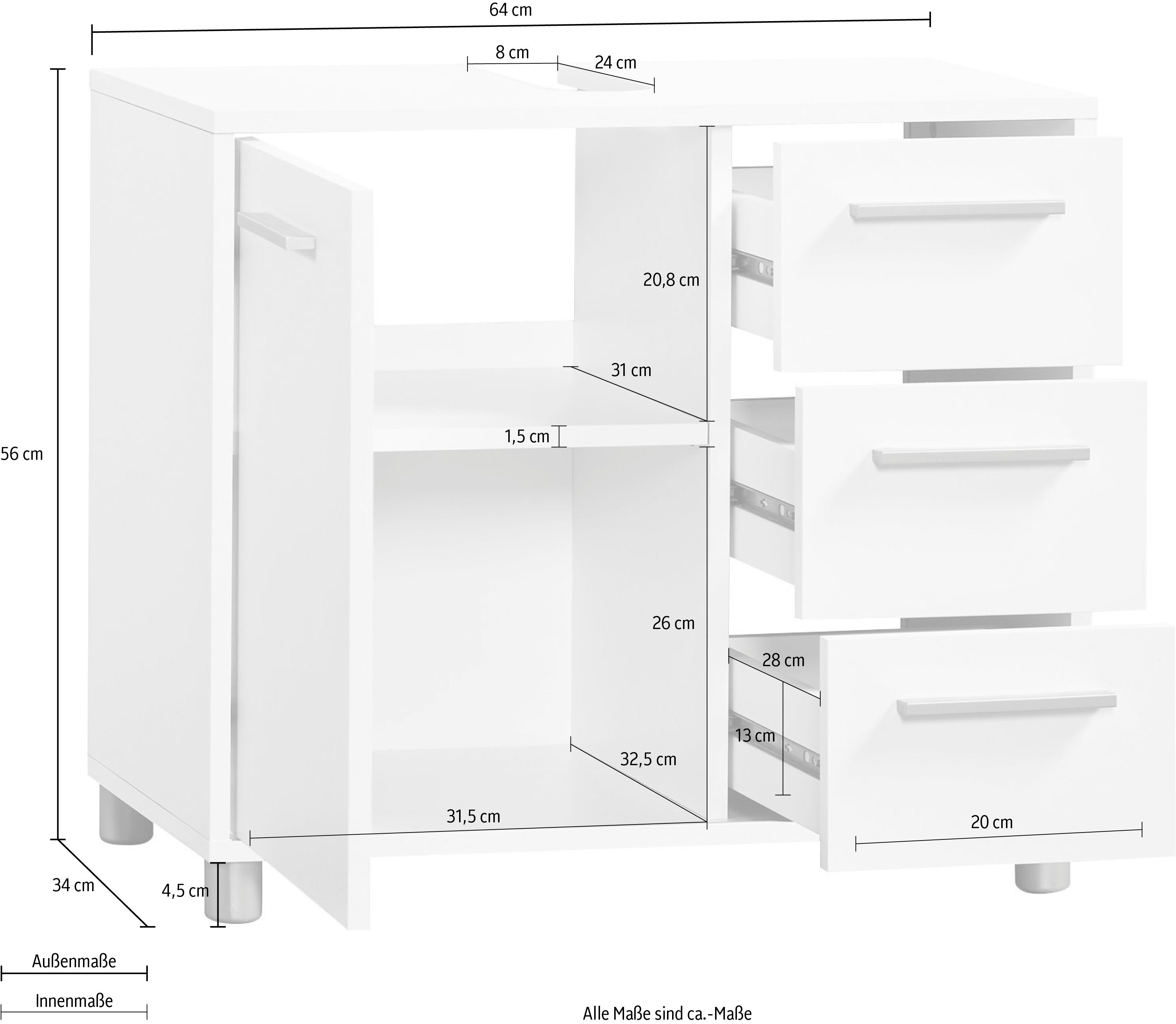 Procontour Waschbeckenunterschrank 64 Breite / mit Eiche Einlegeboden Sonoma Betty cm, weiß