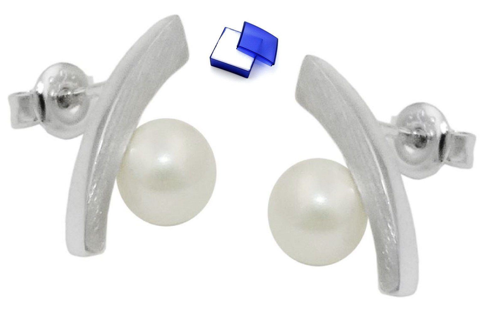 Paar Ohrstecker Ohrringe Bogen mit Glas-Imitatperle perlweiß 925 Silber kl. Schmuckbox