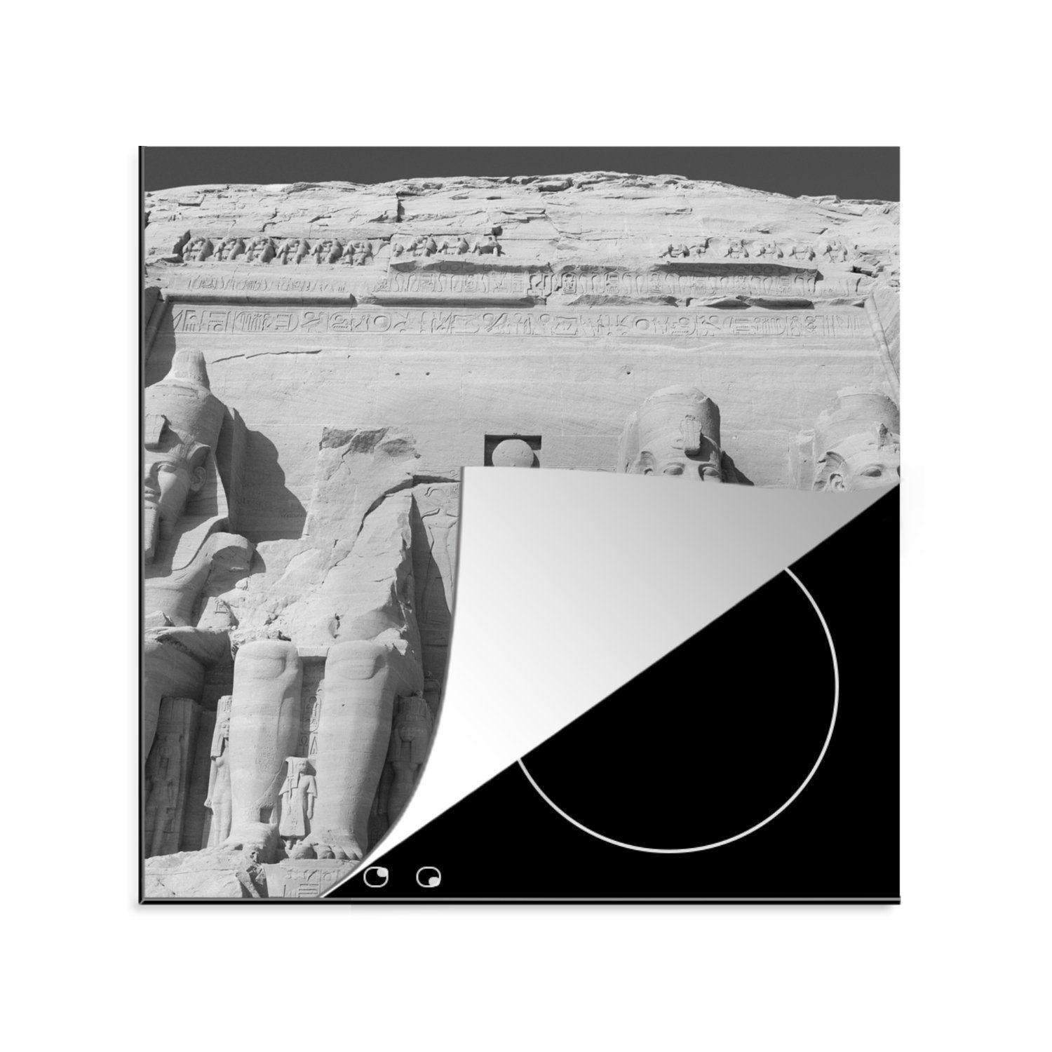 MuchoWow Herdblende-/Abdeckplatte Tempel von Abu Simbel in schwarz-weiß, Vinyl, (1 tlg), 78x78 cm, Ceranfeldabdeckung, Arbeitsplatte für küche