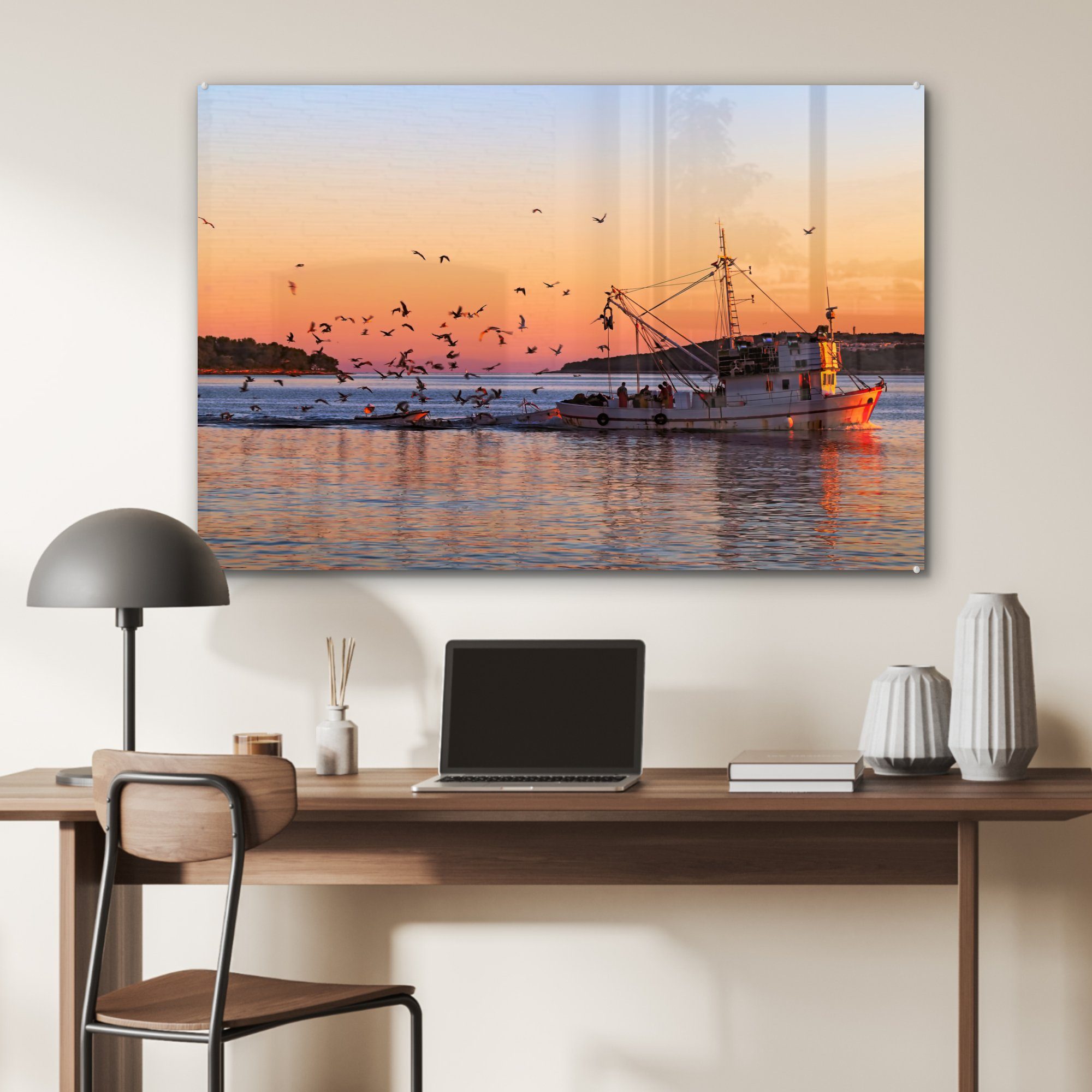 & St), MuchoWow Acrylglasbild Fischerboot Sonnenuntergang, bei Wohnzimmer (1 Acrylglasbilder Schlafzimmer