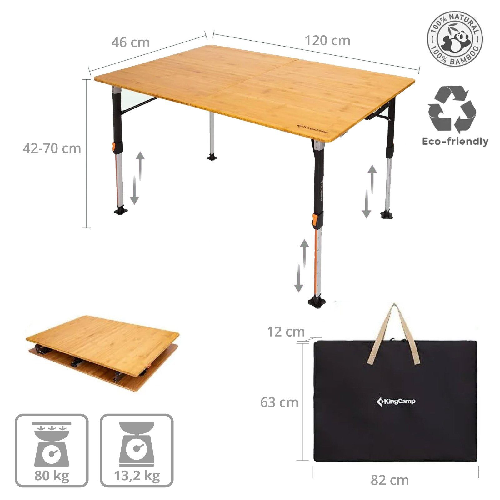 KingCamp Campingtisch Bambus Campingtisch Woboo XL Camping - Falttisch K