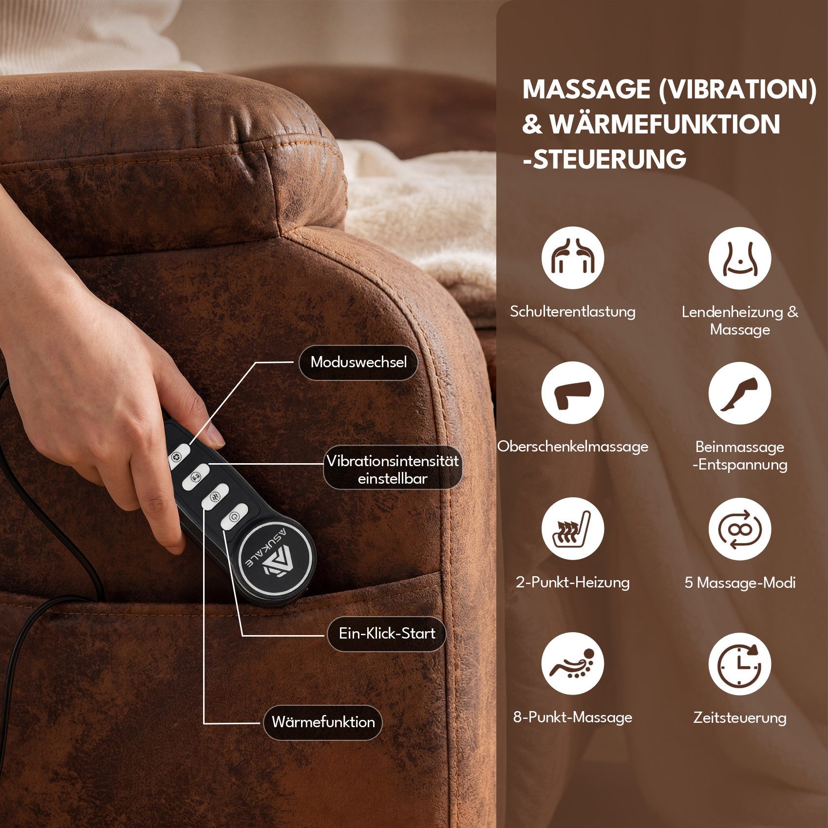 Happy Home Relaxsessel Elektrischer Relaxsessel mit Aufstehhilfe, Massage & Wärme