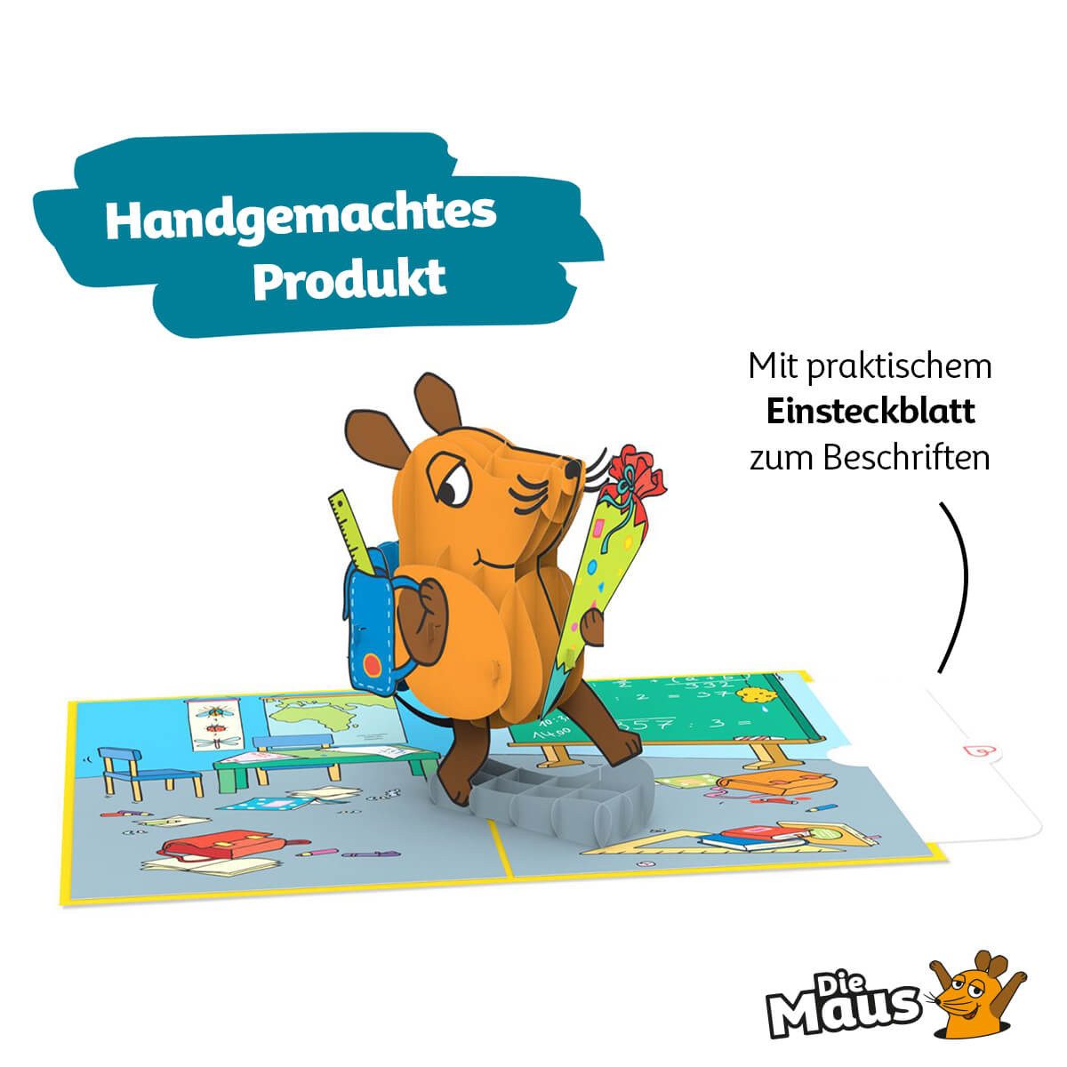 papercrush Schulanfangskarte Die Maus® mit Schultüte, Pop-Up Karte Einschulung für Mädchen & Jungen, Handgemacht, Offizielles Lizenzprodukt