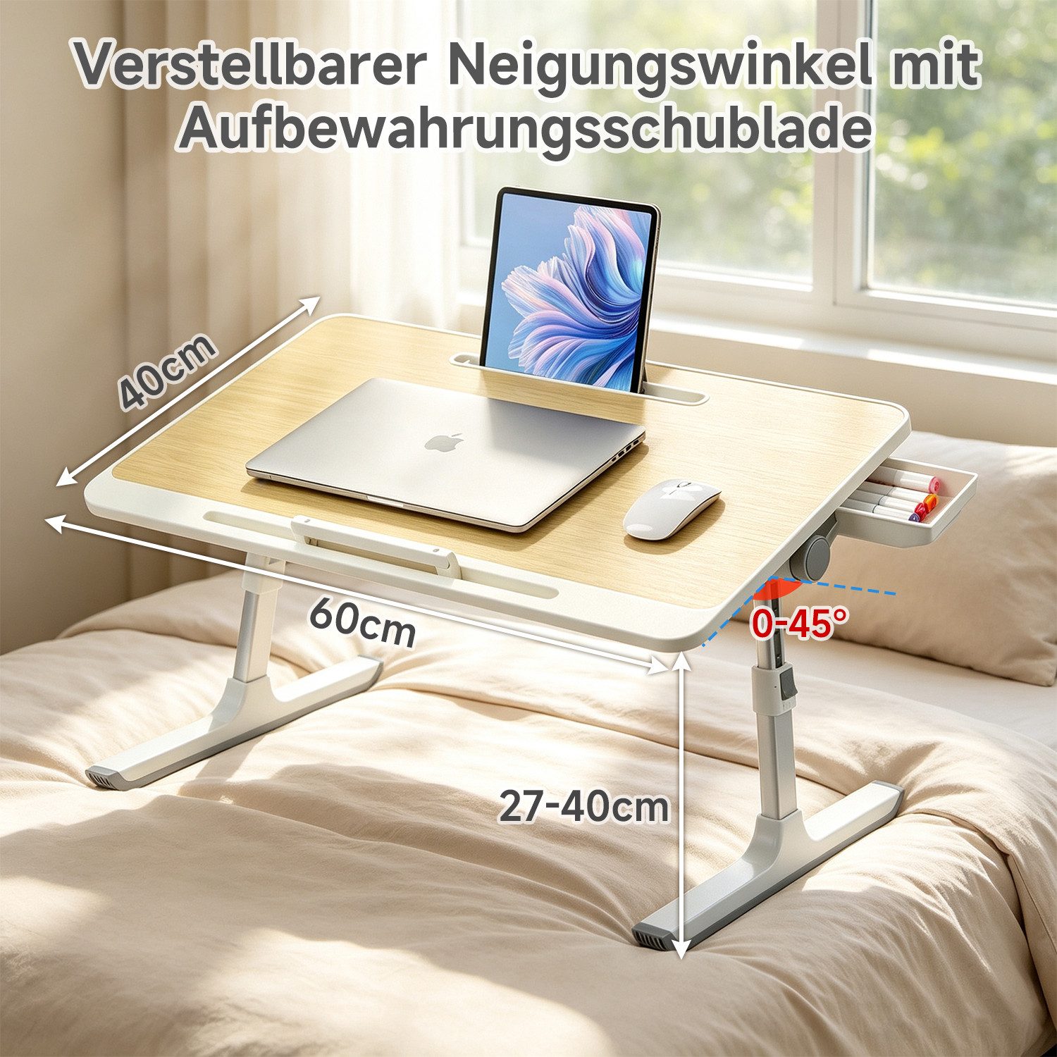 OSTWOLKE Laptoptisch Betttisch Klappbar mit Schublade höhenverstellbar Tisch 60x40cm, Laptoptisch mit Laptop-Stopper, für Sofa, Couch, Bett oder Tisch – Bild 3 von 5