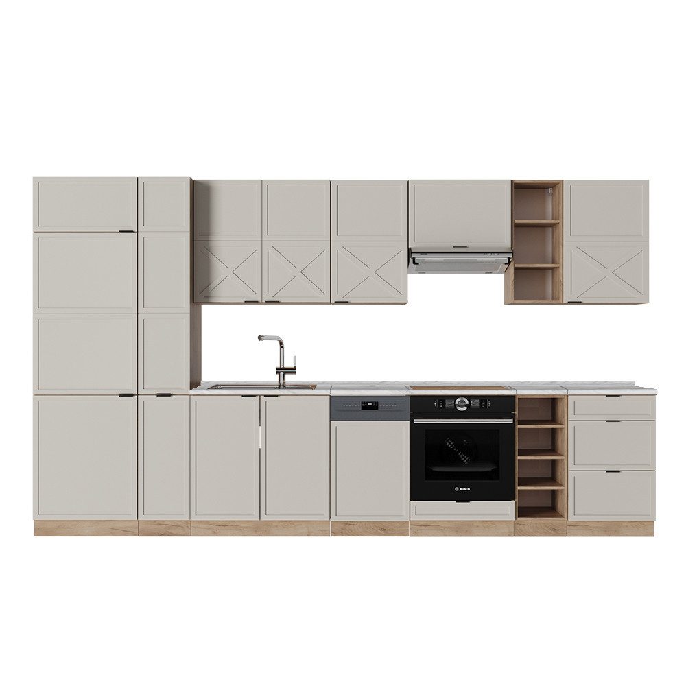 Vicco Küchenzeile Fame-Line, GrauBeige/Goldkraft Eiche/Goldkraft Eiche, 355 cm ohne A...