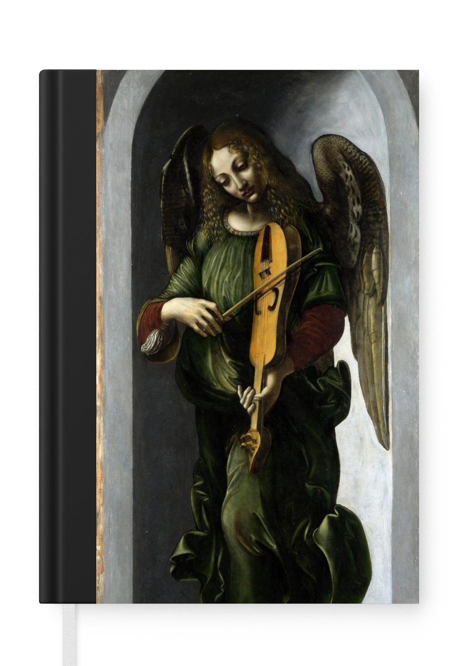 MuchoWow Notizbuch Ein Engel in Grün mit einer Fahne - Leonardo da Vinci, Journal, Merkzettel, Tagebuch, Notizheft, A5, 98 Seiten, Haushaltsbuch