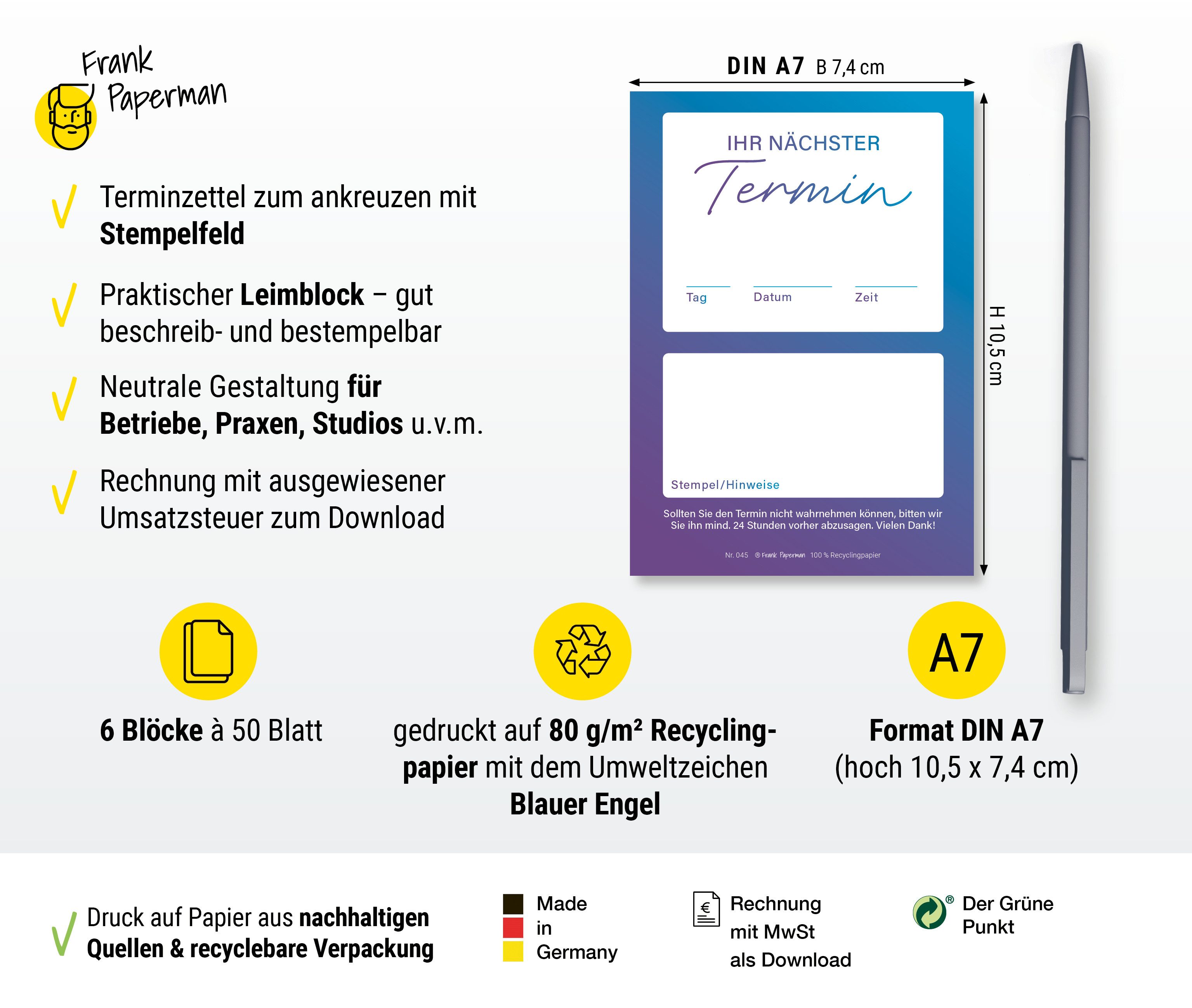 Thumbnail - Frank Paperman Terminplaner Terminzettel Praxis blau, Terminblock à 50 Blatt, Stempelfeld, Frank Paperman, 1 Termin pro ...