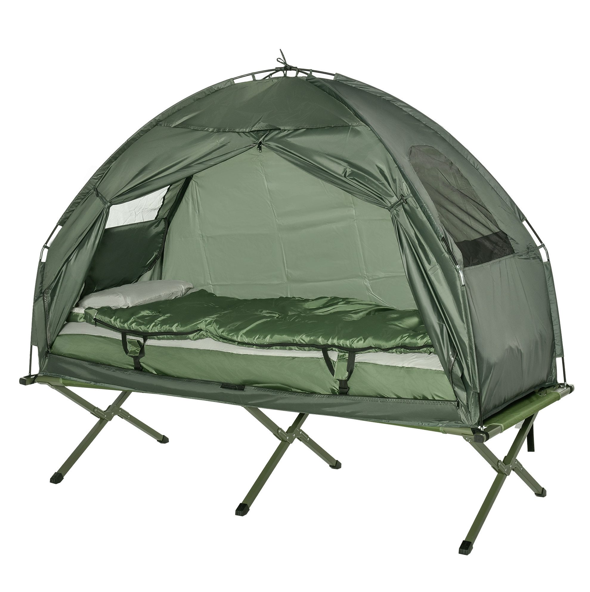 REDOM Feldbett Klappbares Feldbett mit Schlafsystem für Camping Komfort (Packung, 1-St., Outdoor Camping Komplettset für Abenteuer und Reisen) 4 in 1 Camping Set Zelt Schlafsack Matratze faltbar dunkelgrün