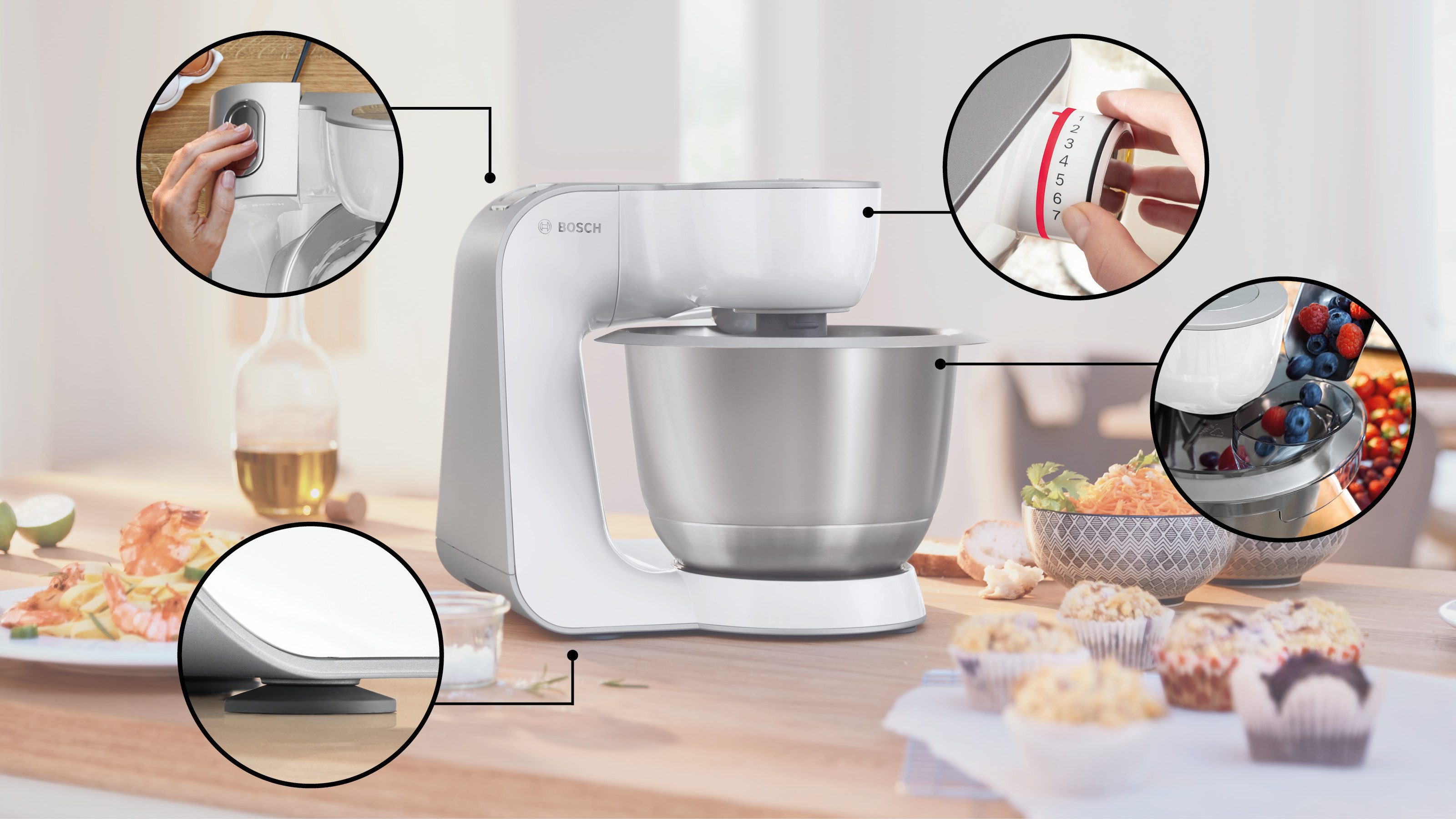 BOSCH Küchenmaschine MUM58200 Serie 4 Knethaken, Rühr- & Schneebesen aus Edelstahl, 1000 W, 3,9 l Schüssel, Zubehörtasche, Edelstahlschüssel spülmaschinenfest, 3D Rührsystem