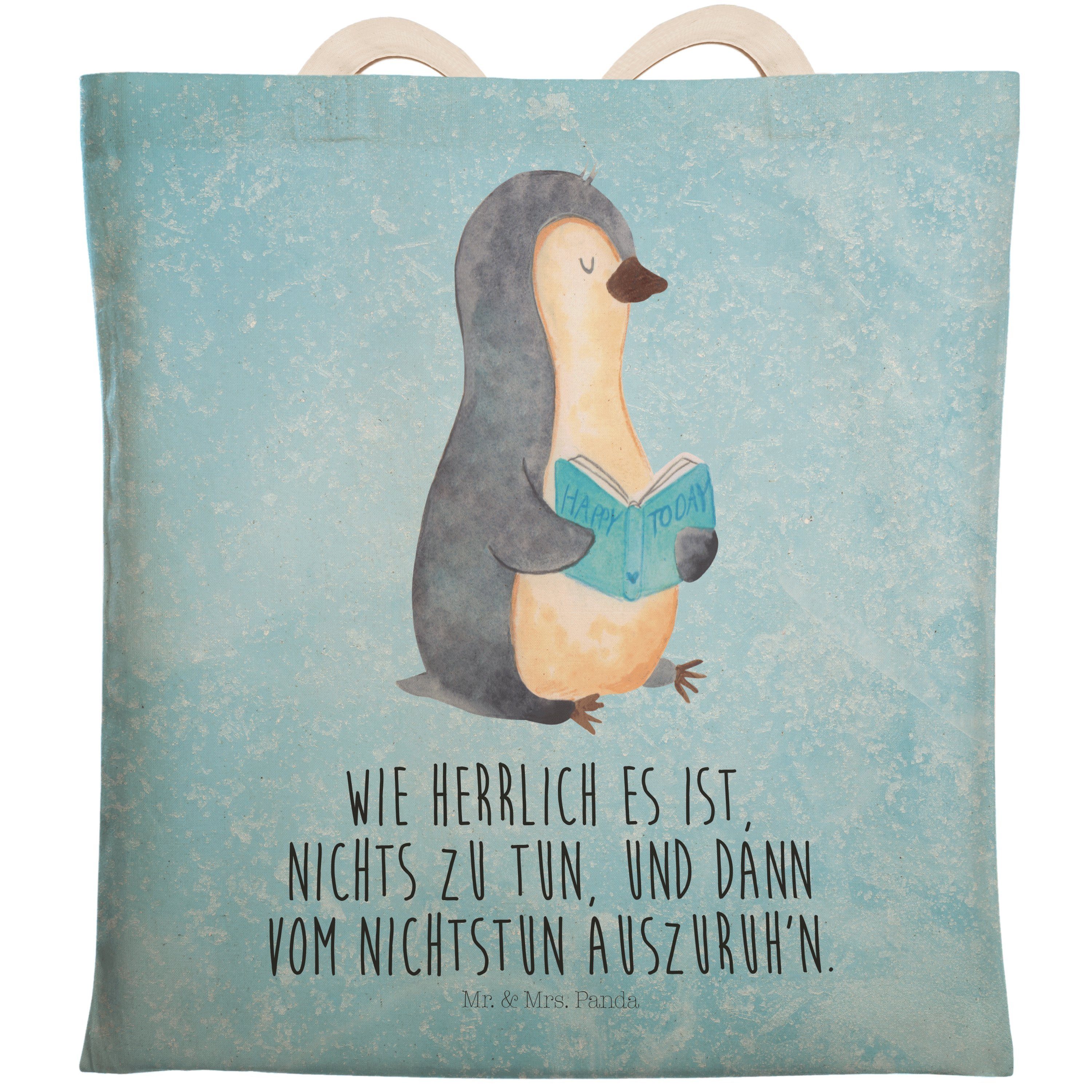 Mr. & Mrs. Panda Tragetasche Pinguin Buch - Eisblau - Geschenk, Pause, Stofftasche, Umhängetasche, (1-tlg)