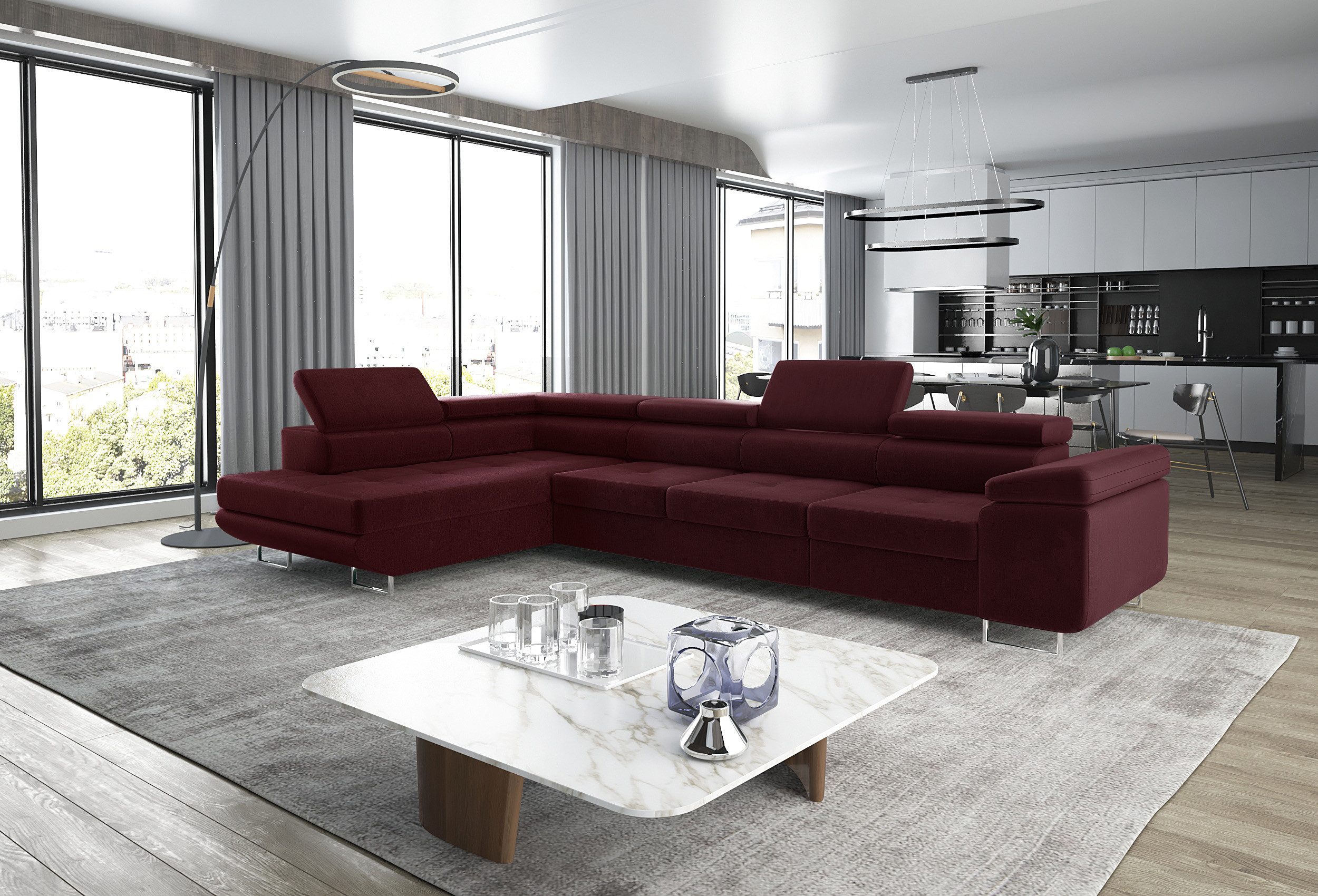 thematys Ecksofa ASTON LONG 355 x 204cm mit Schlaffunktion & Bettkasten – L-Sofa, mit Kopfstützen, Cord (Poso) oder Samt (Monolith), - XXL Wohnlandschaft im modernen Design