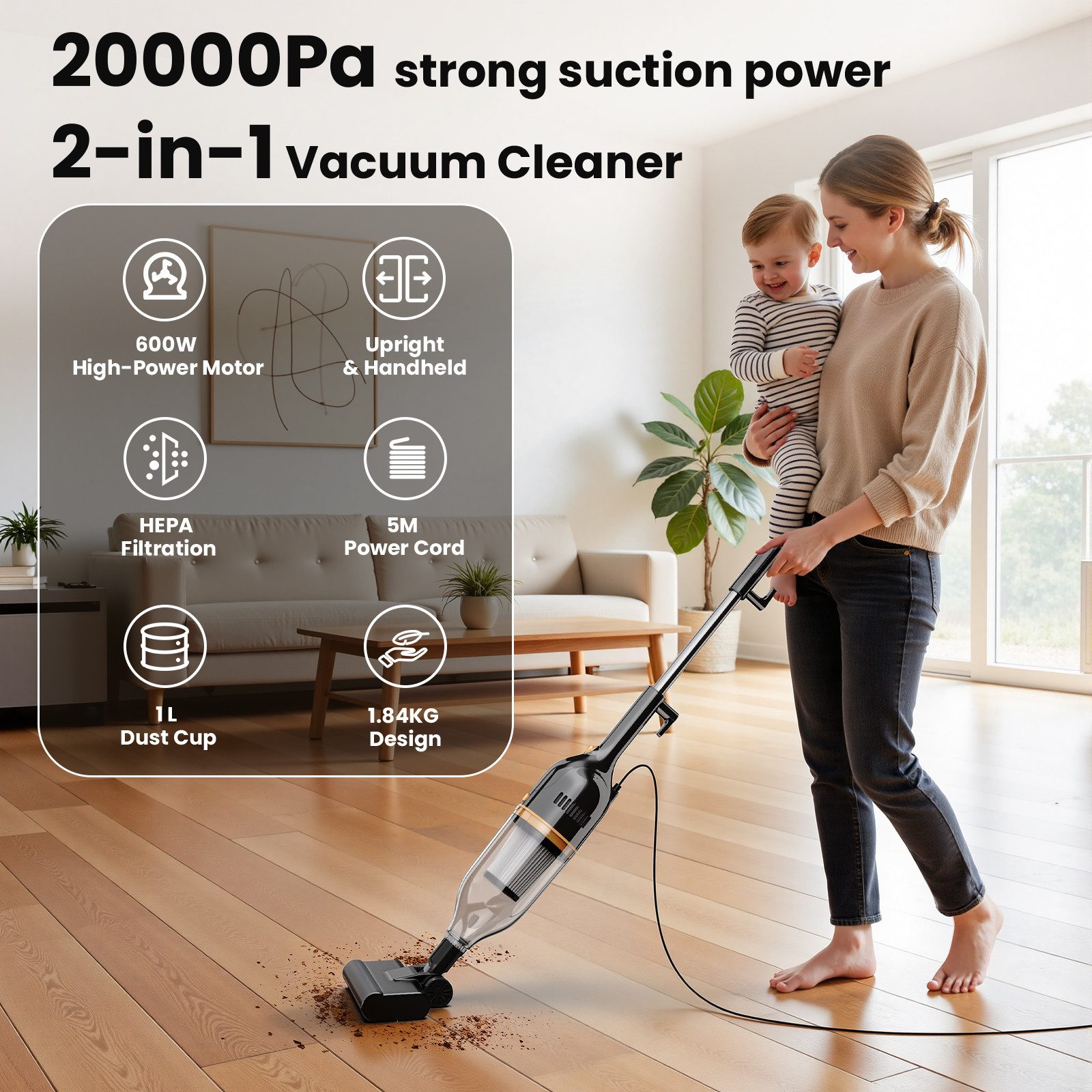 INSE Hand-und Stielstaubsauger R7 Kabelgebundener Stabstaubsauger, 600 W, beutellos, Leichtgewicht,kabelgebunden,600W Hochleistungsmotor