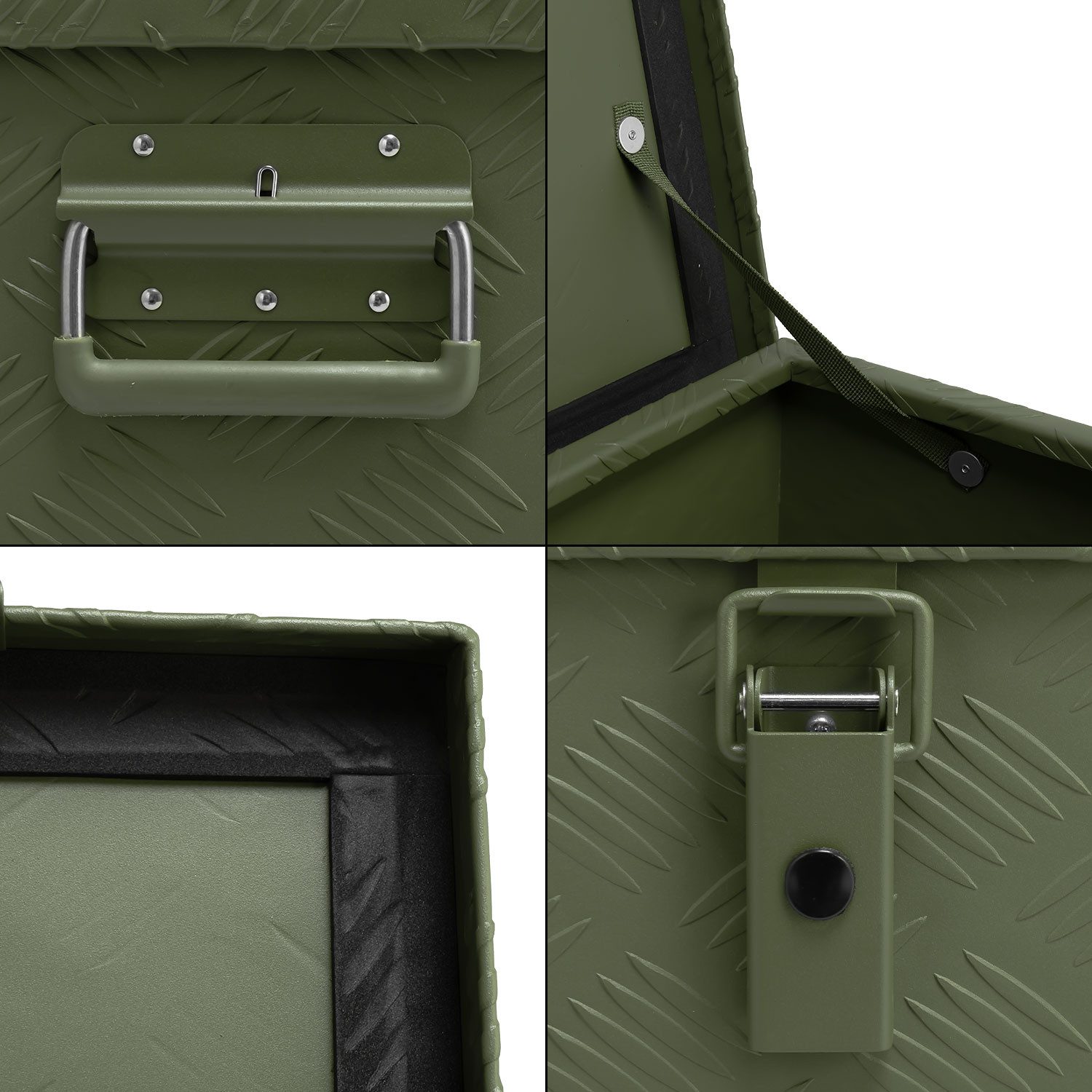 ALUBOX Aufbewahrungsbox Alukiste Transportbox Riffelblech olivgrün matt (120 Liter), Dichtung und Fangbänder im Deckel - nur 1,5 mm Wandstärke