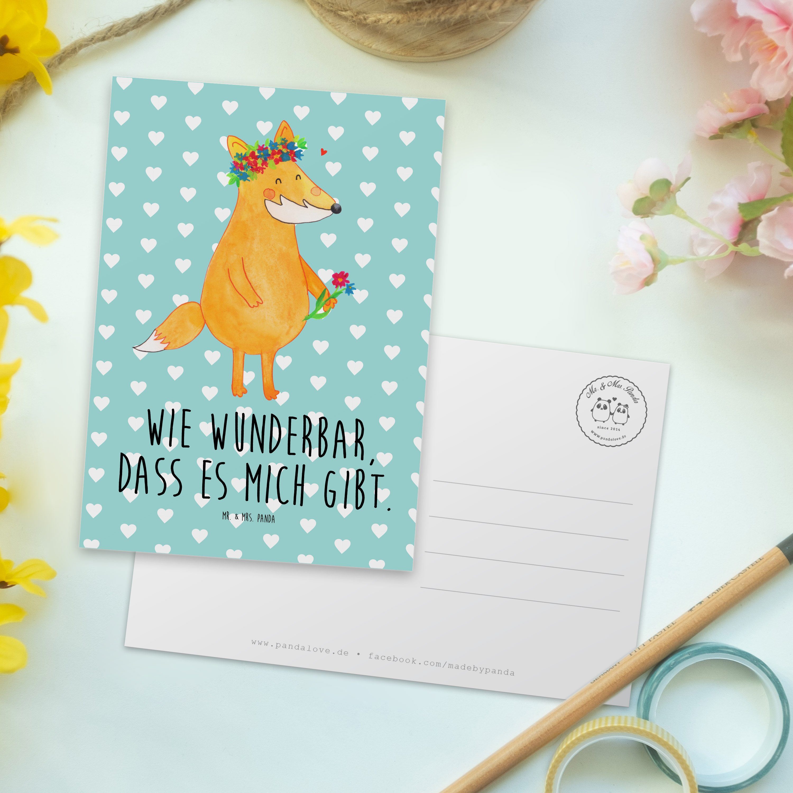 Mr. & Einladung, - Geschenk, Blumenliebe Fuchs Postkarte Panda Geburtstags - Mrs. Türkis Pastell