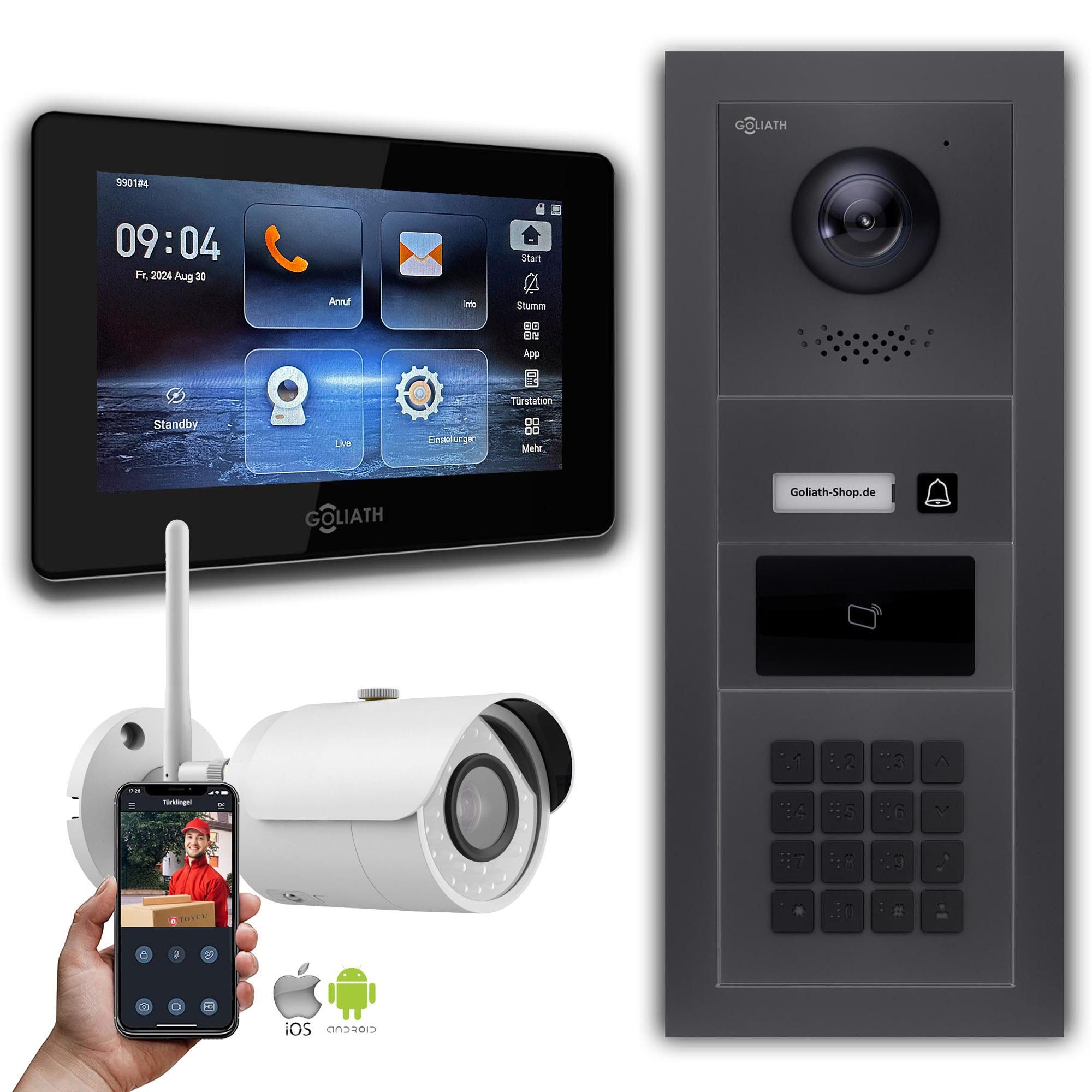 Goliath Intercom Video-Türsprechanlage Goliath 2-Draht Video Türklingel: 7-Zoll 1 Monitor, RFID, Zahlencode, (Privat oder Gewerblich)