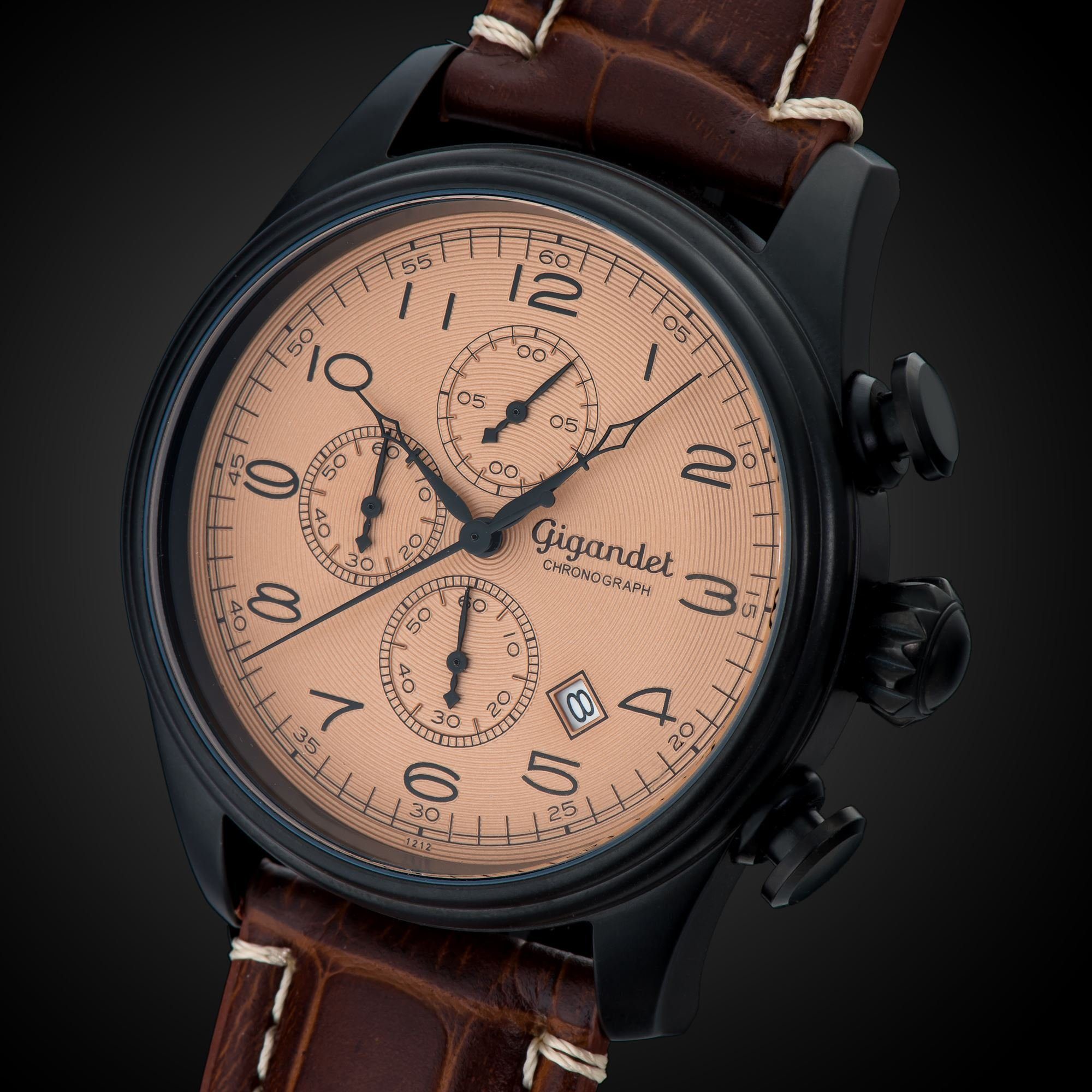 Gigandet Chronograph Armbanduhr, Herrenuhr, Fliegeruhr, 46mm, TIMELESS G41-004, Mineralglas, Datumsanzeige, Lederband, 5bar/50m wasserdicht