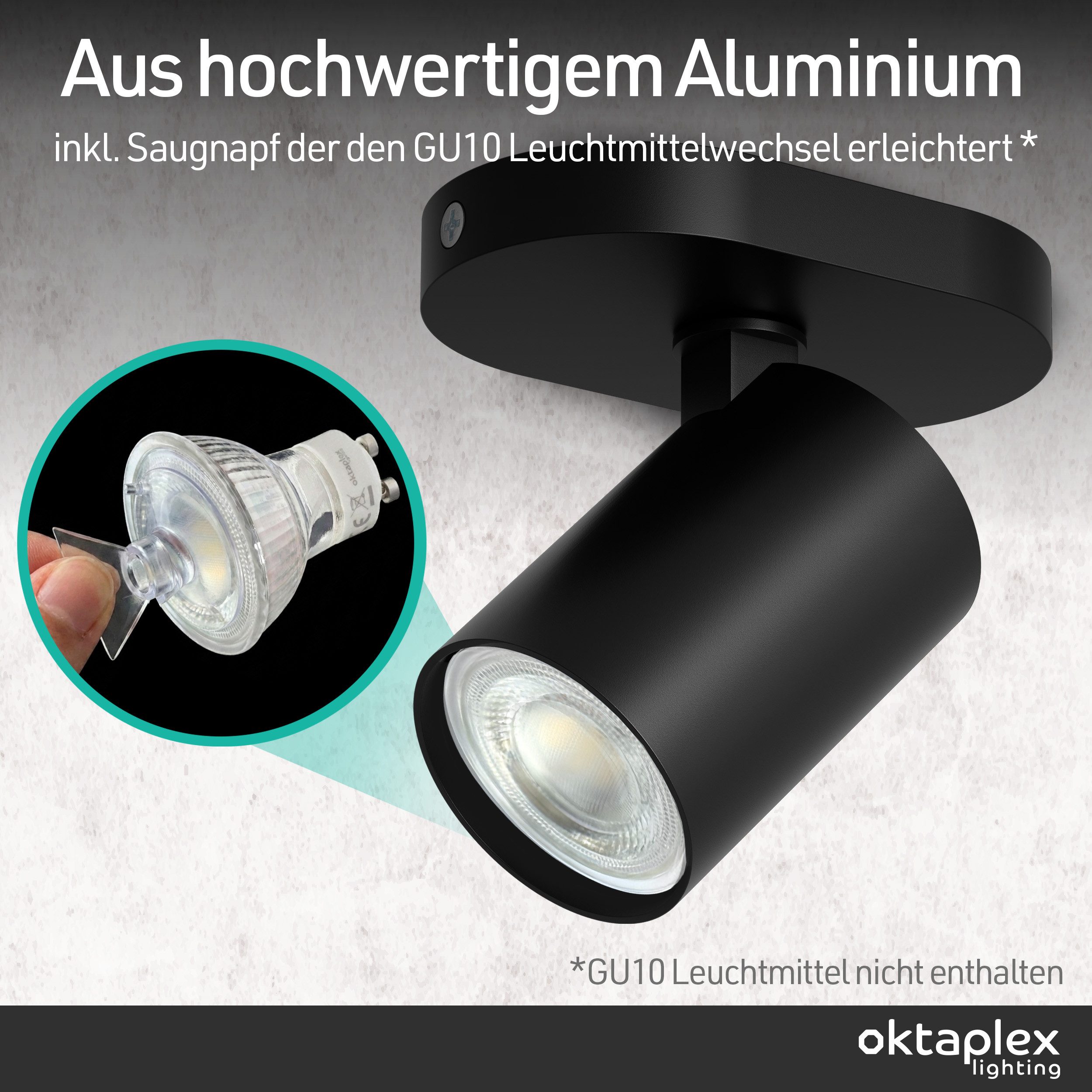 Oktaplex lighting LED Deckenstrahler GU10 schwenkbar Aluminium Spot 11 cm drehbar flach, Leuchtkopf dreh- und schwenkbar, ohne Leuchtmittel, schwenkbare Deckenlampe 230V schwarz
