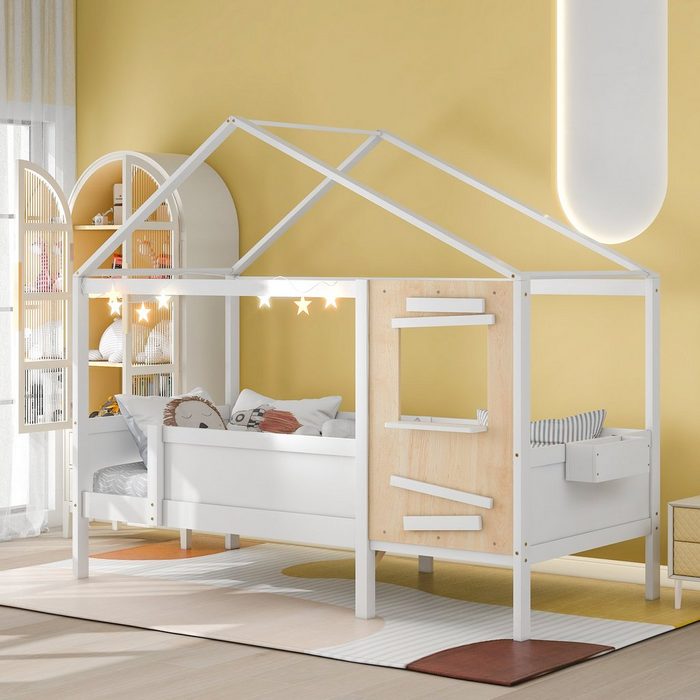 Merax Hausbett 90x200 cm mit Rausfallschutz und Aufbewahrungsbox Kinderbett aus Massivholz mit Lattenrost