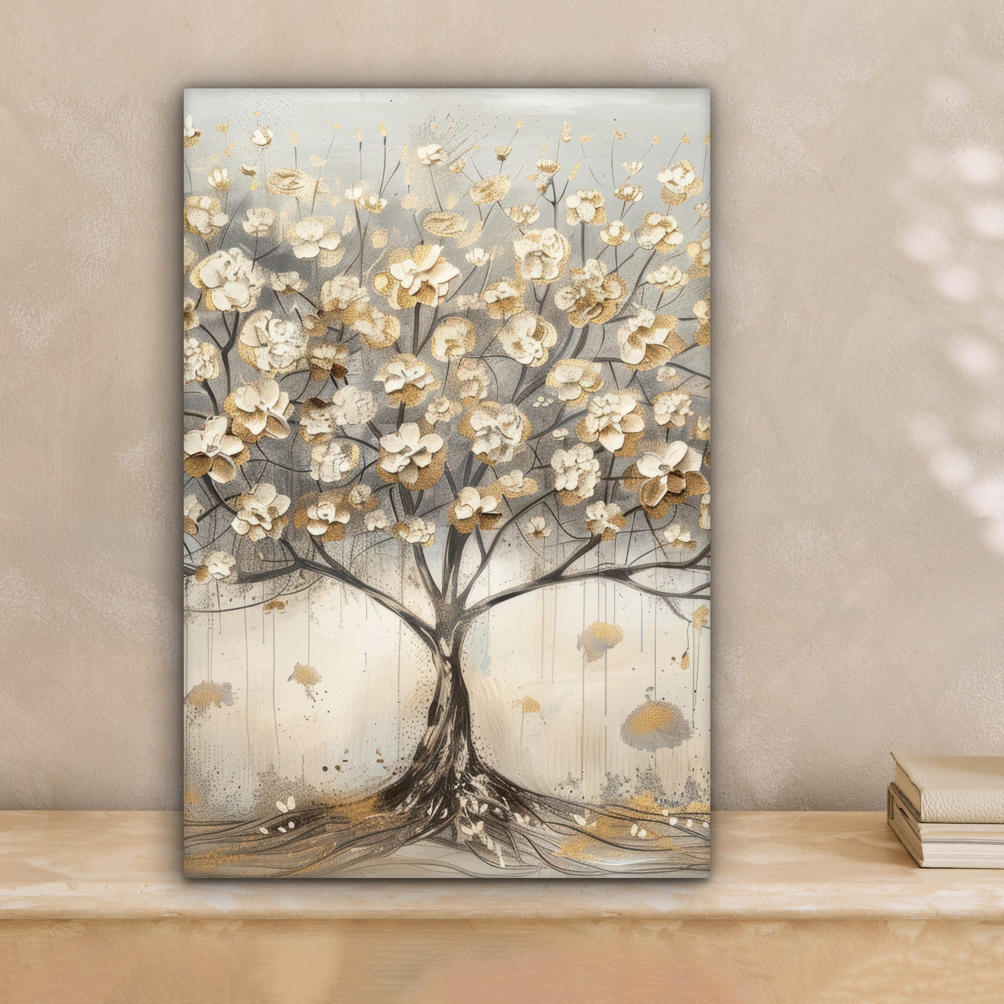 OneMillionCanvasses® Leinwandbild Baum - Beige - Gold - Farben Optik - Grau günstig online kaufen