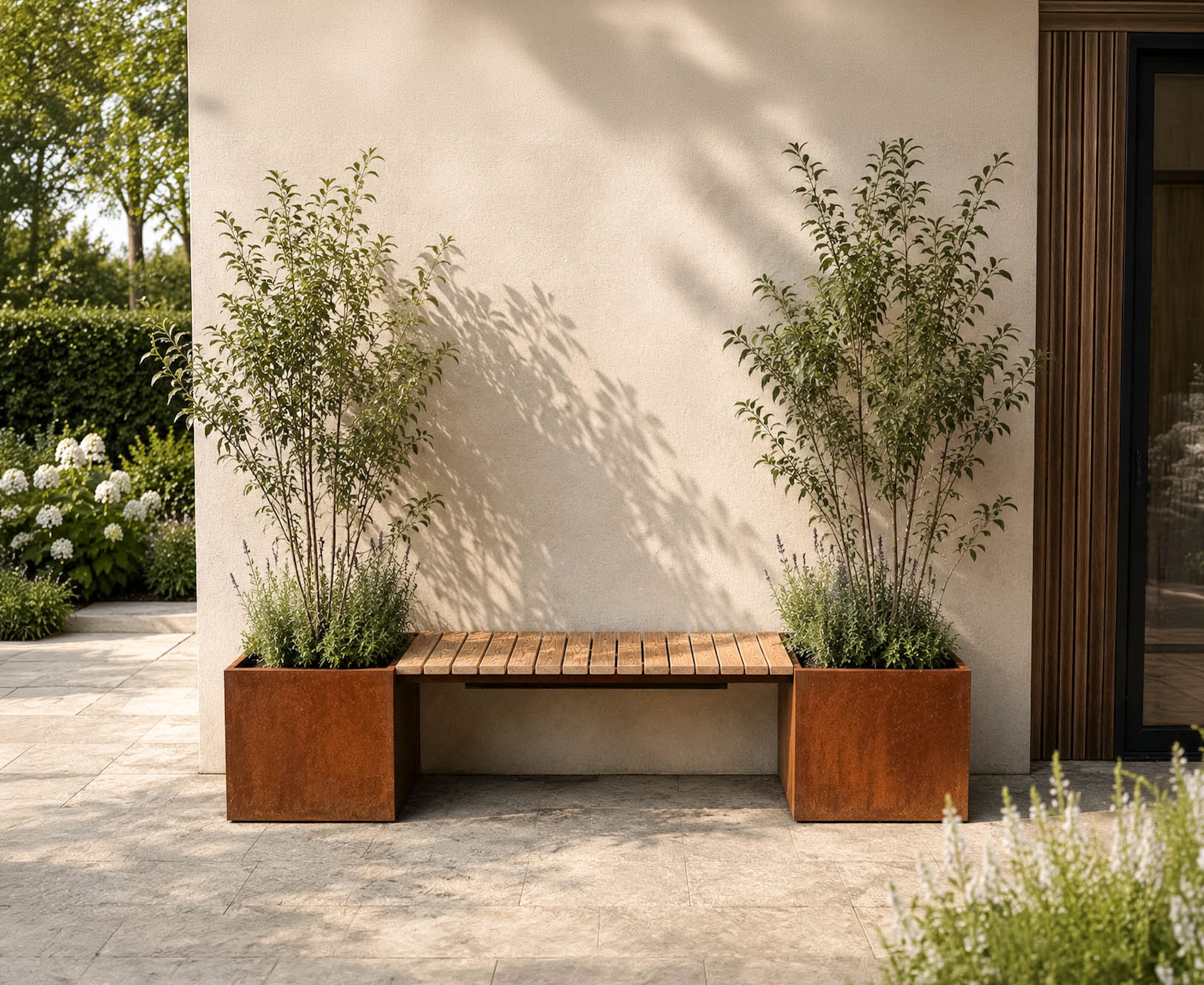 BADEKO Gartenbank Valencia aus Edelrost mit Lärchenholzsitzfläche 210x50x45cm, Sitzfläche aus Lärchenholz, Pflanzkübel aus Edelrost