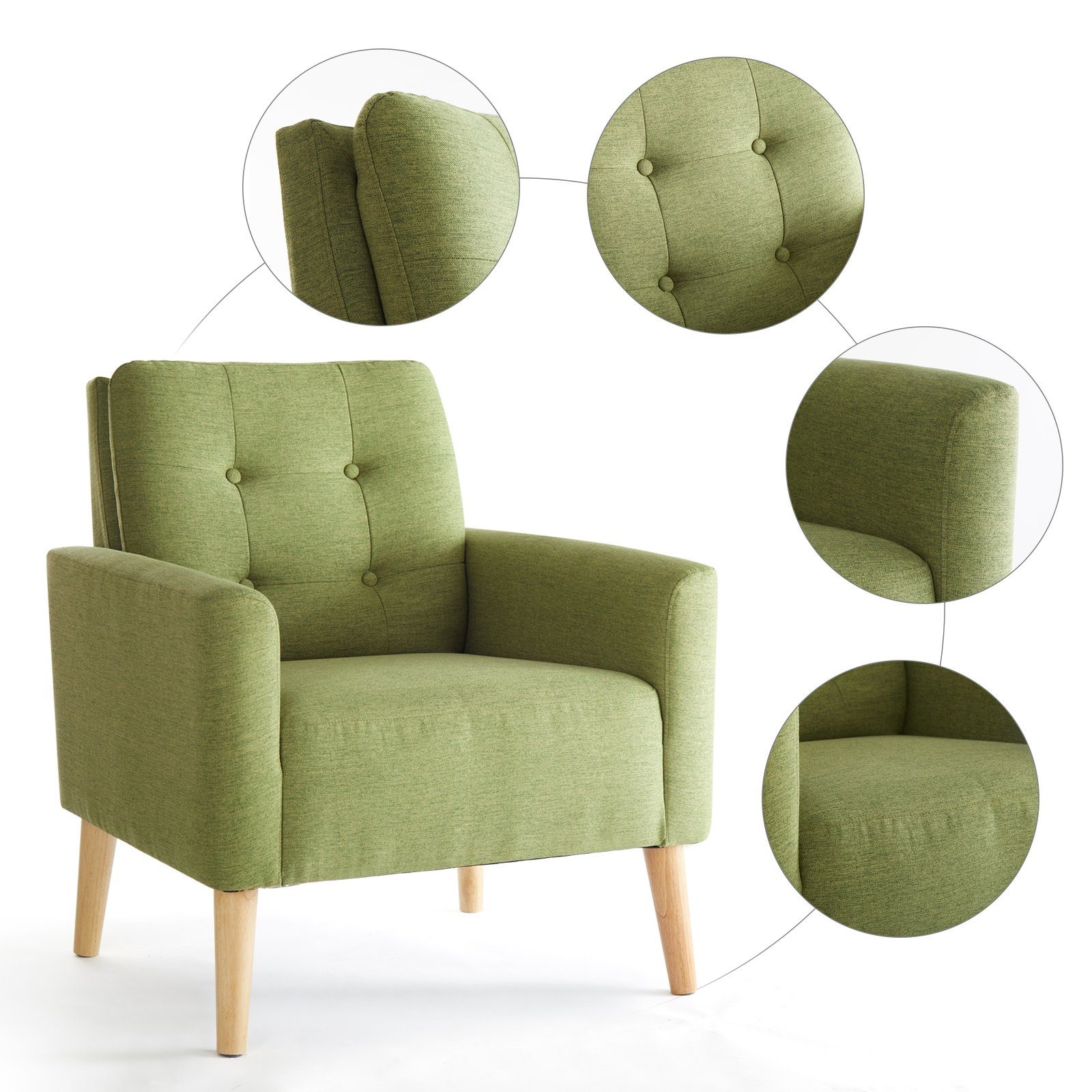 Füßen Relaxsessel, Sofa, Mondeer Einzelsessel, (Einzelsessel), grün mit und Sessel Rahmen Massivholz