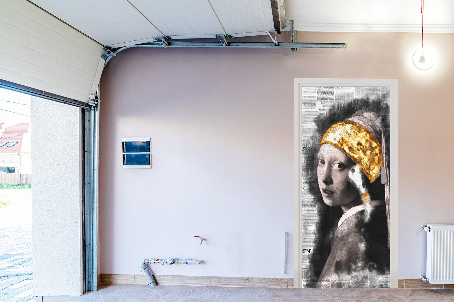 MuchoWow Türtapete Mädchen mit bedruckt, - Tür, Matt, für Fototapete Perlenohrring - Aquarell, Gold St), 75x205 (1 cm Türaufkleber