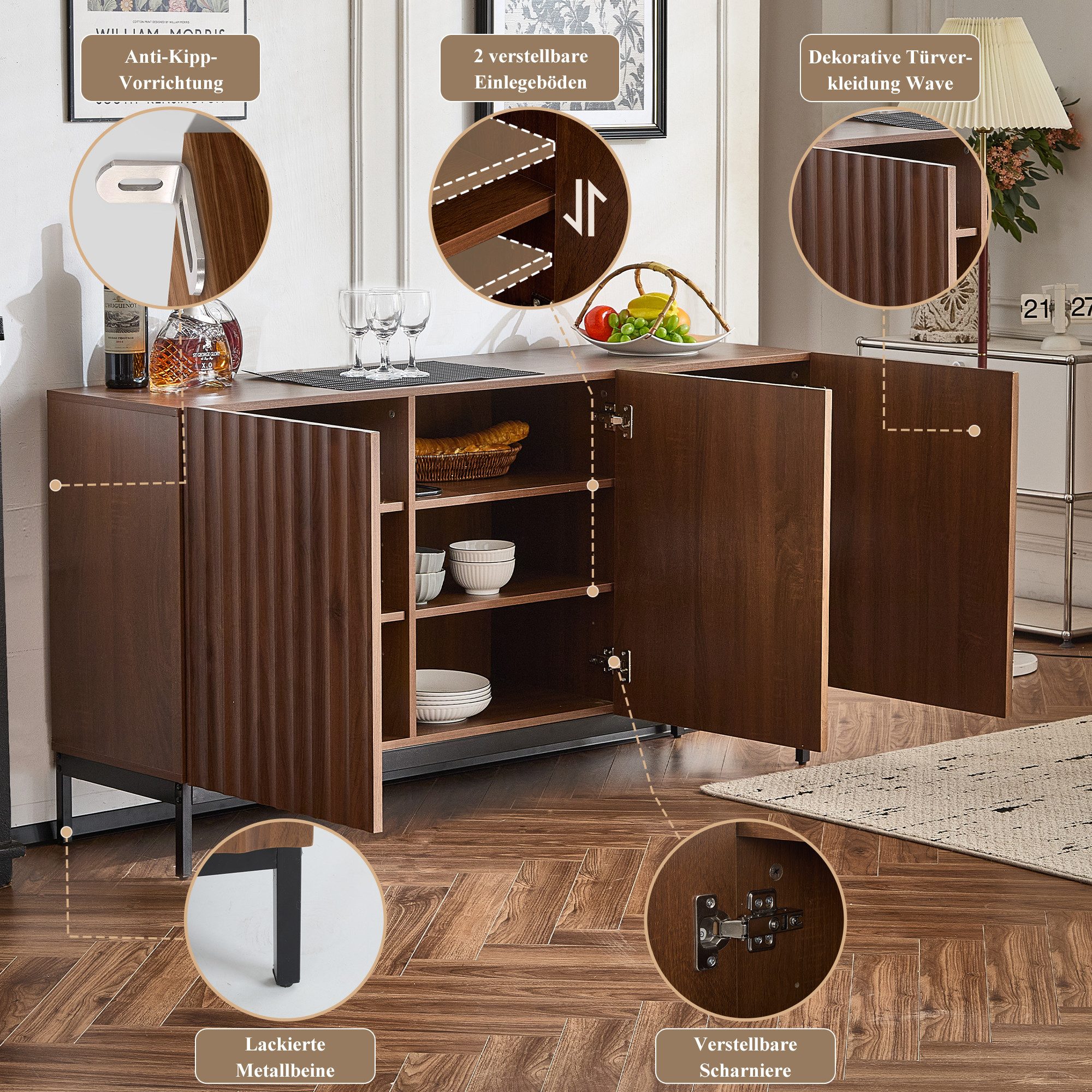 Merax Sideboard Skandi mit 3 Türen und verstellbaren Einlegeböden (Aktenschrank Küchenschrank, für Wohnzimmer & Flur), Kommode Anrichte Schrank mit Metallfüße,  – Bild 4 von 5