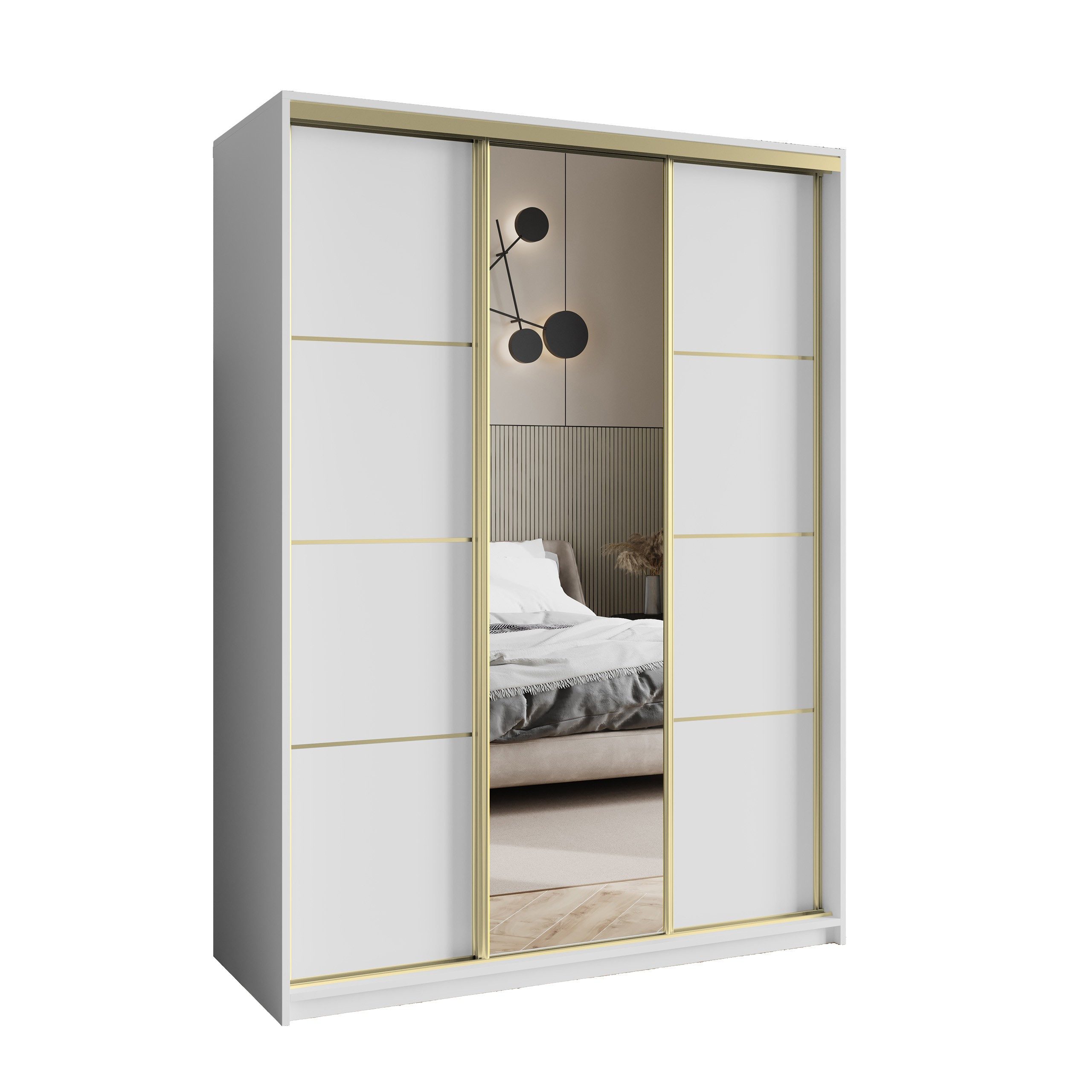 Masseno Schwebetürenschrank VARO 150 cm Kleiderschrank mit Spiegel 3 Türen und 4 Schubladen Weiß