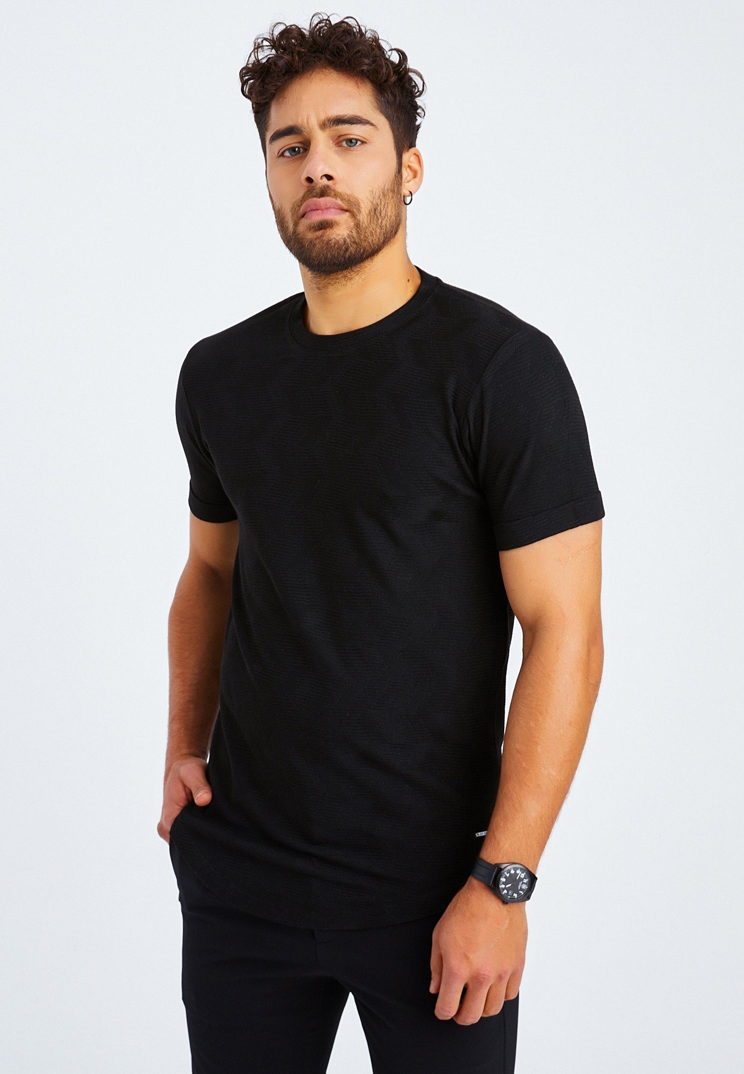 Verkauf läuft Leif Nelson schwarz T-Shirt T-Shirt normal Herren Rundhals LN-55585