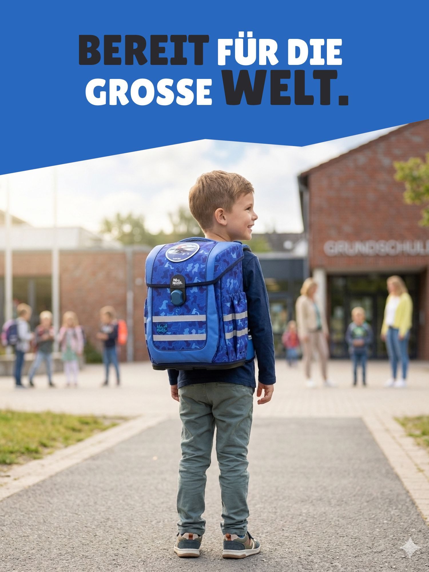 McNeill Schulranzen Ergo Complete "Puzzle" Ninja Schultasche Blau ab der 1. Klasse (Set, 9-tlg., inkl. Federmappe und Sporttasche), ergonomisch; mit Brustgurt; höhenverstellbar - wächst mit dem Kind mit